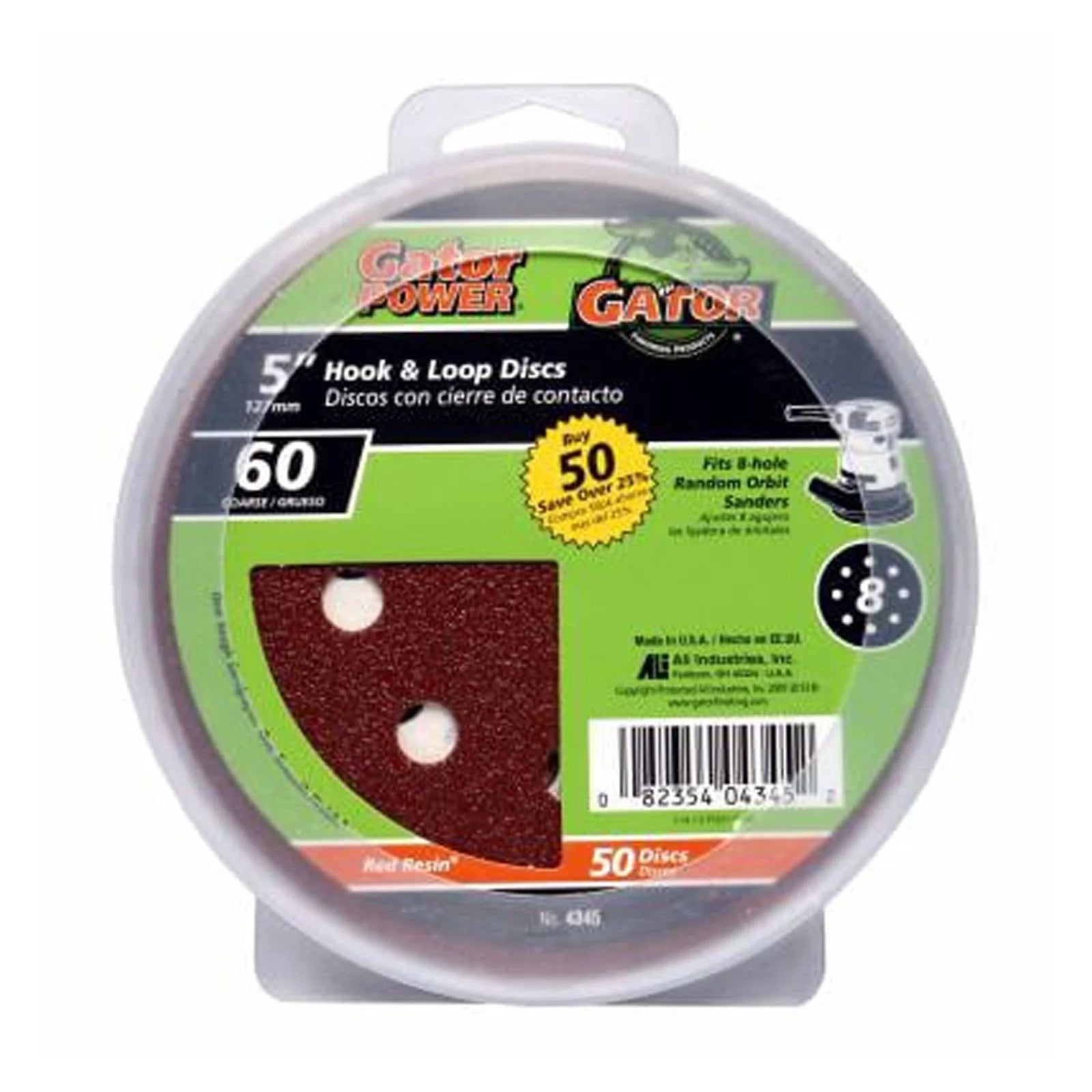 Gator 5 Random Orbit Hook & Loop Red Resin Aluminum Oxide Sanding Discs, 8-Hole, 60 Grit, 50 Pack