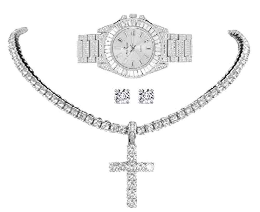 Womens Iced out Watches with Diamond Stud Earrings and Flawless blinged out Cross Tennis Necklace - 3pc Cross Set LA ST10372MBA Slv Slv (18)
