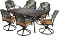 MEETWARM 7-Piece Outdoor Patio Dining Set, All-Weather Cast Aluminum Patio Conversation Set with 6 Cushioned Swivel Rocker Chairs for Backyard Garden Deck, 1 Rectangular Table, 2 Umbrella Hole
