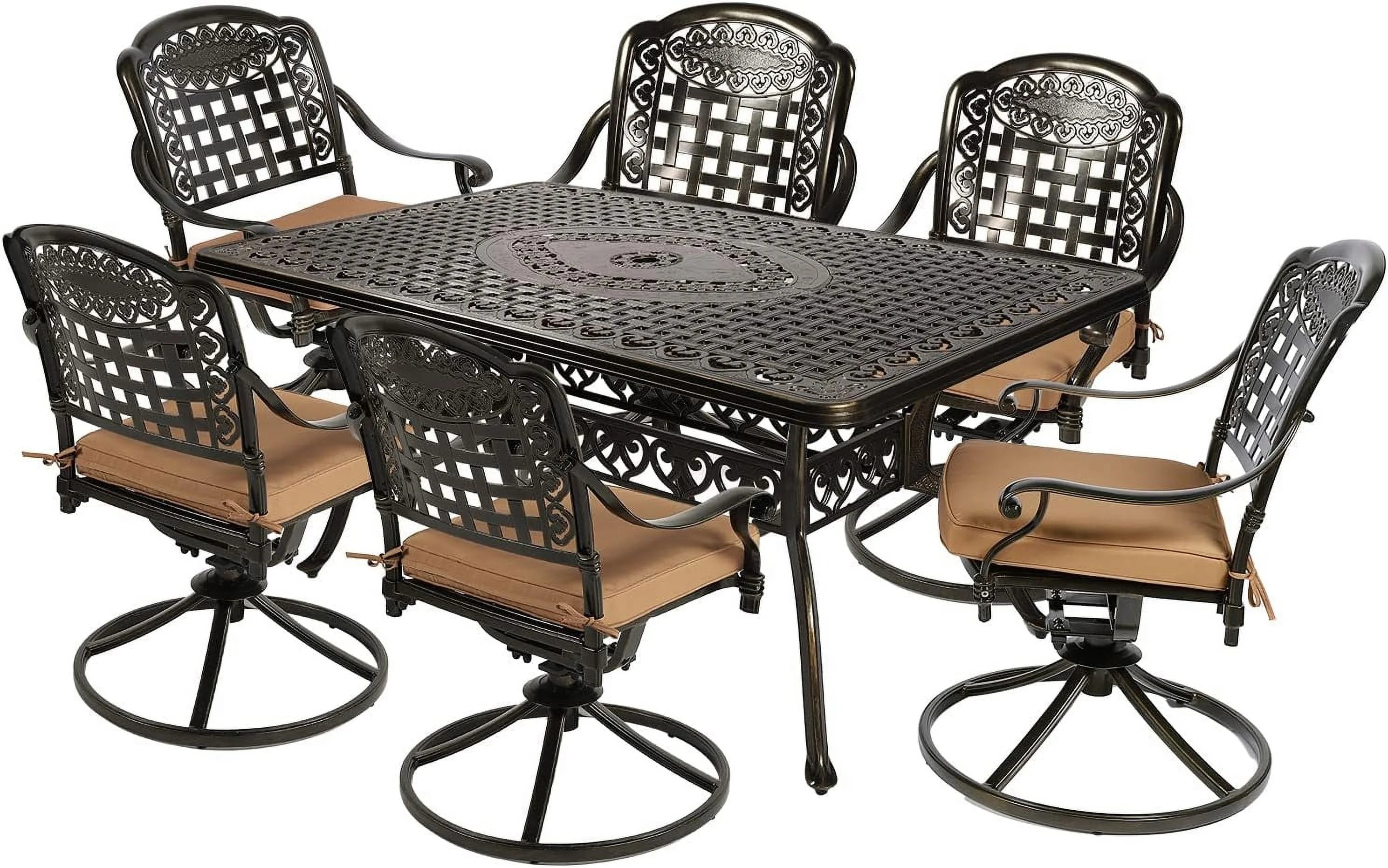 MEETWARM 7-Piece Outdoor Patio Dining Set, All-Weather Cast Aluminum Patio Conversation Set with 6 Cushioned Swivel Rocker Chairs for Backyard Garden Deck, 1 Rectangular Table, 2 Umbrella Hole