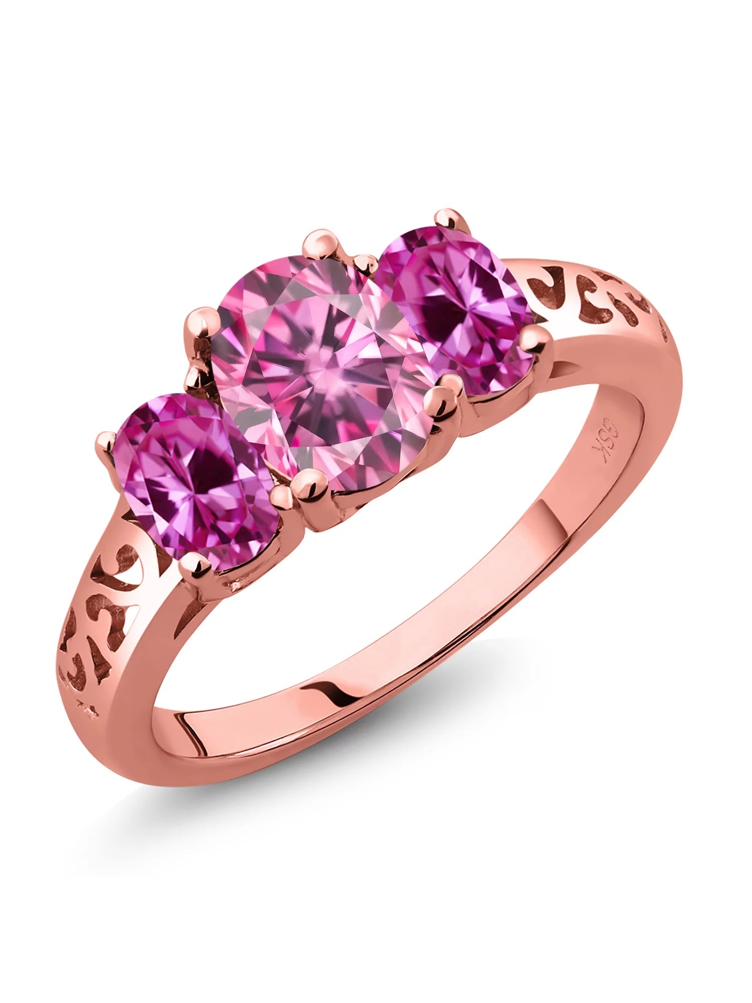 Gem Stone King 18K Rose Gold Plated Silver Pink Moissanite and Pink Created Sapphire Filigree Style 3 Stone Ring for Women (2.38 Cttw, Oval 8X6MM and 6X4MM, Available in Size 5, 6, 7, 8, 9)