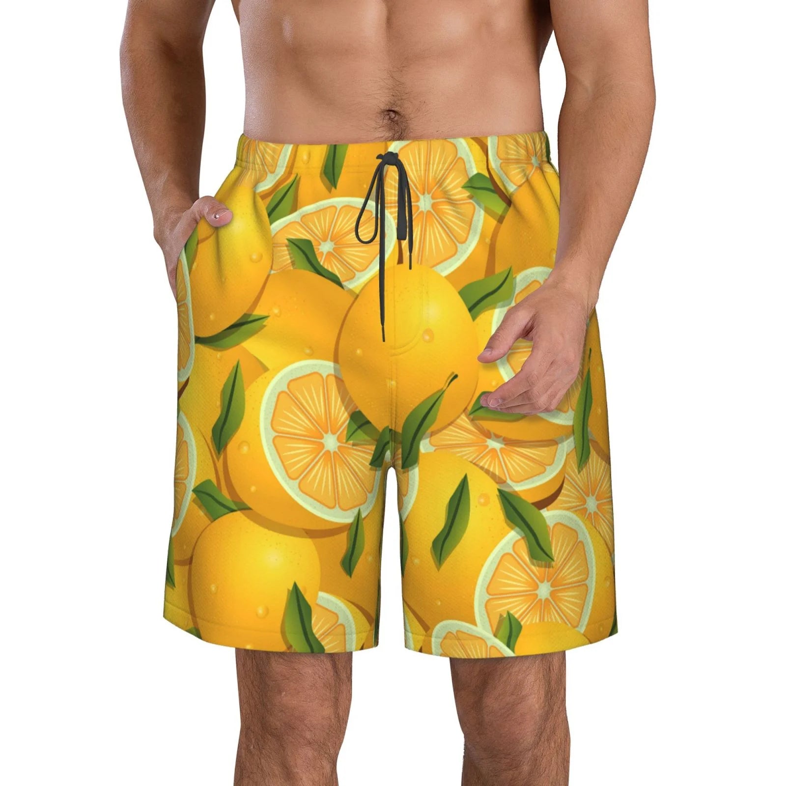 Kll Yellow Limes Men'S Casual Summer Beach Shorts Hawaiian Shorts With Pockets-Small