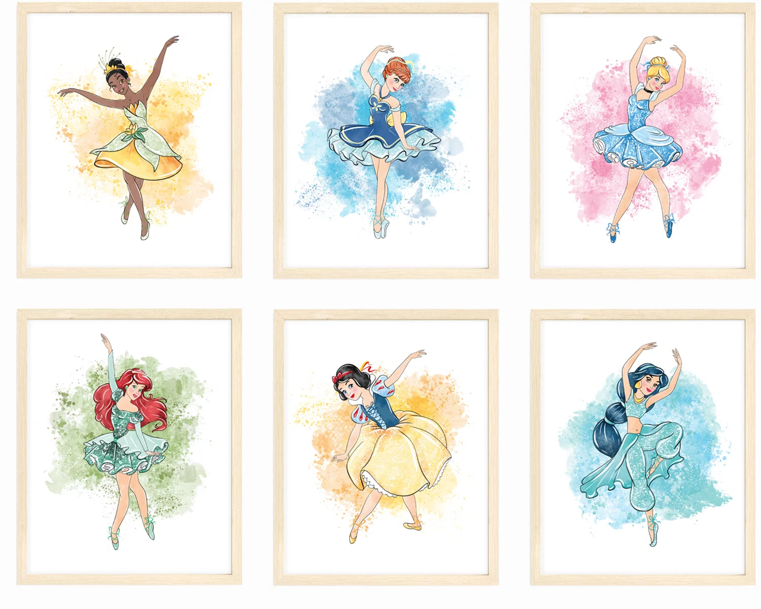 Nistio? Disney Princess Ballerina Wall Art Prints, Princess Playroom Decor, Elsa, Cinderella, Ariel, Snow White, Belle, Jasmine, Princess Anna, Tiana, Set of 8, 8x10 inches (Unframed)