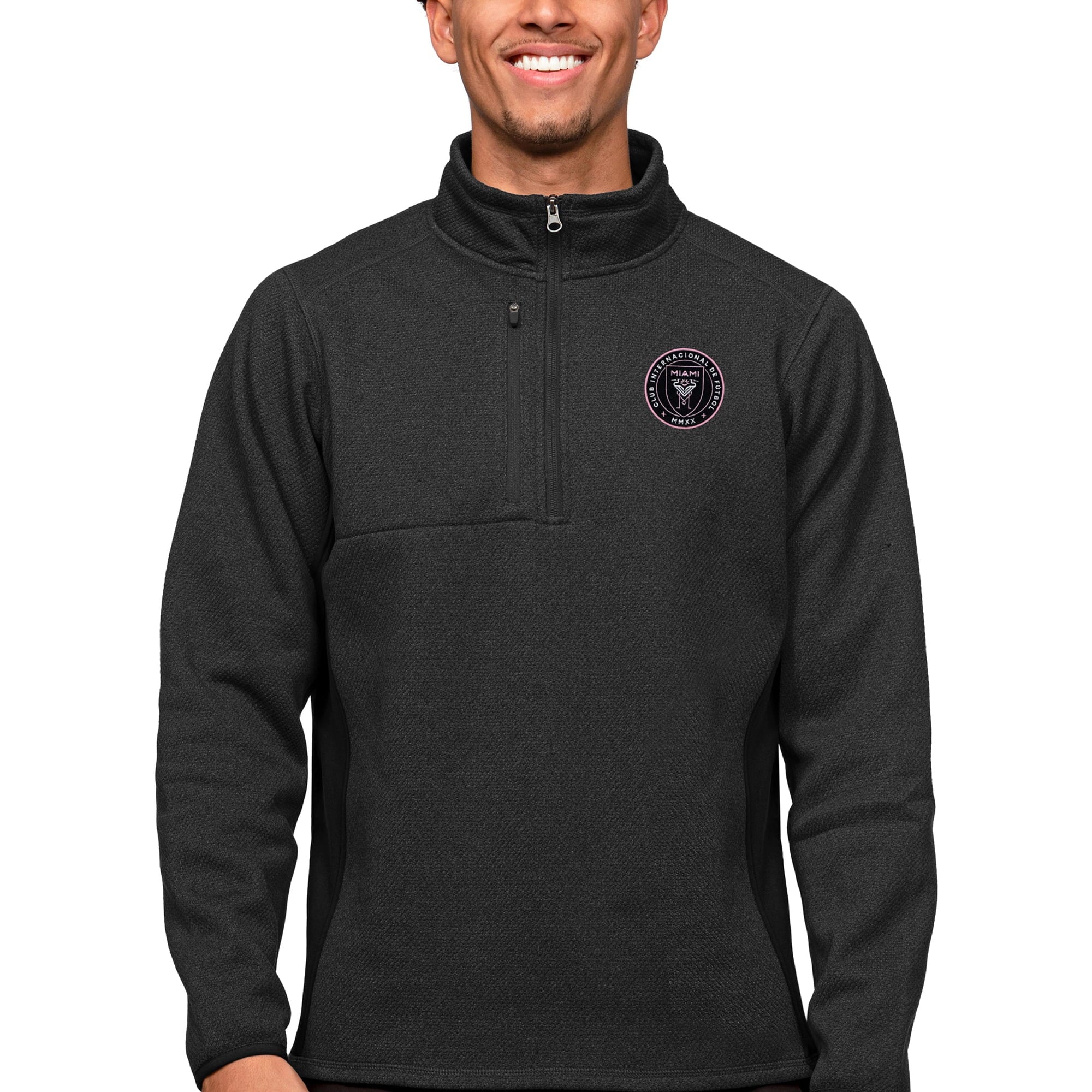Men's Antigua Heather Black Inter Miami CF Primary Team Logo Course Quarter-Zip Pullover Top