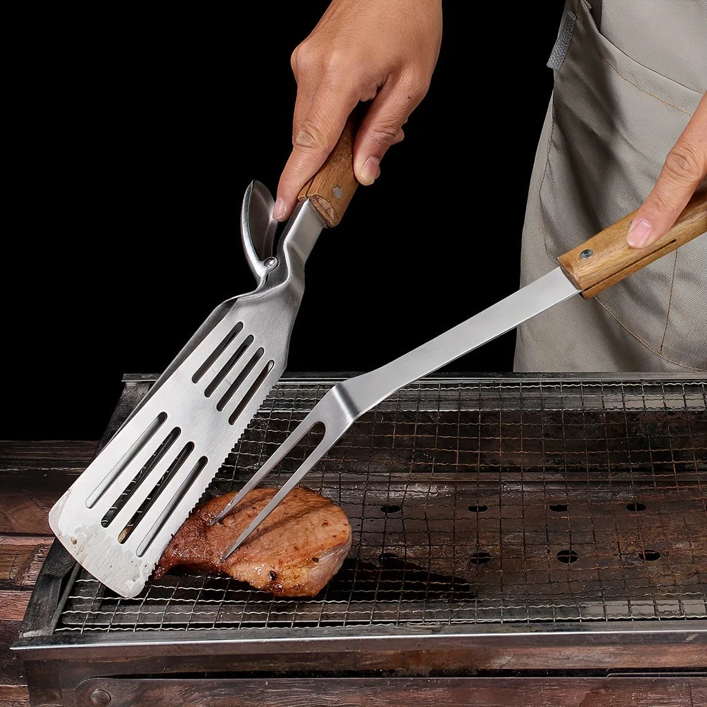 1pc, Stainless Steel BBQ Tool Set, Multipurpose Kitchen Utensils, Spatula & Fork With Wooden Handles, Grilling Accessories For Outdoor Cooking