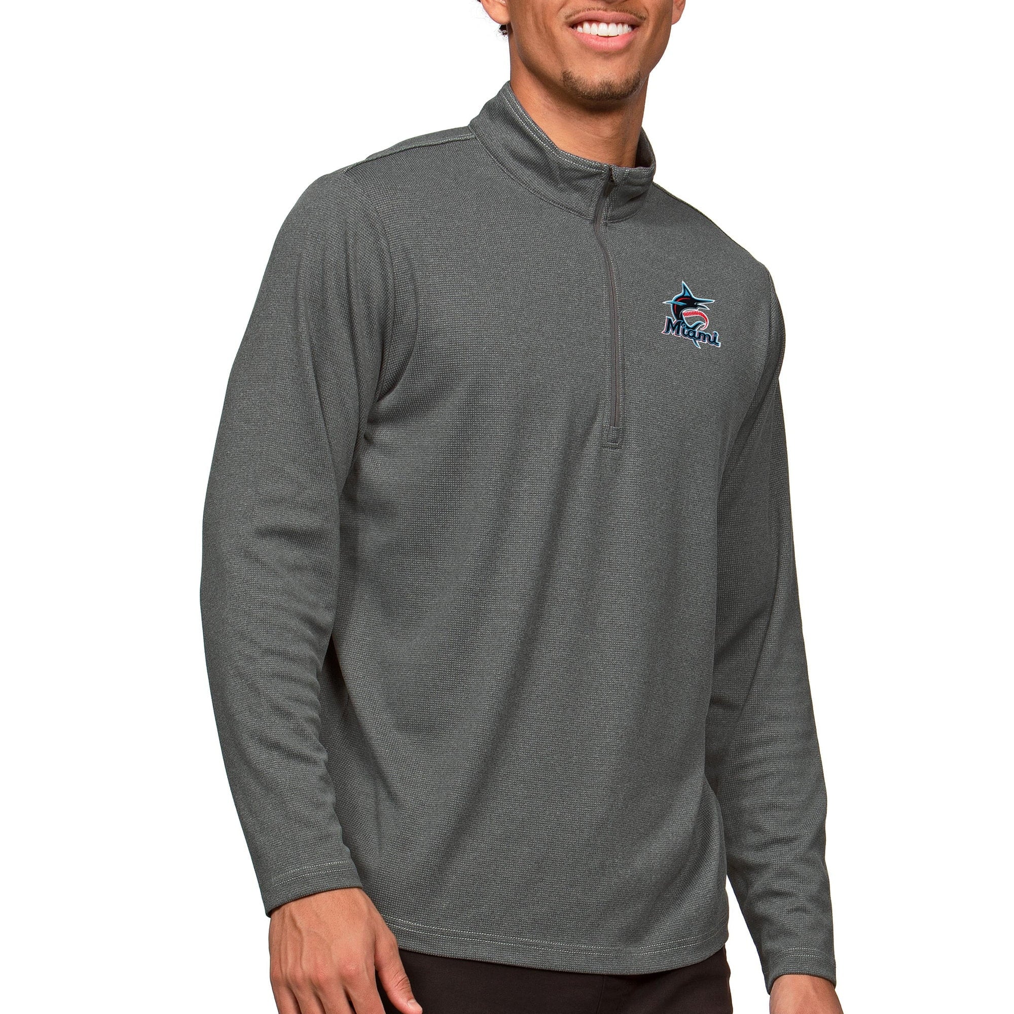 Men's Antigua Heathered Charcoal Miami Marlins Epic Quarter-Zip Pullover Top