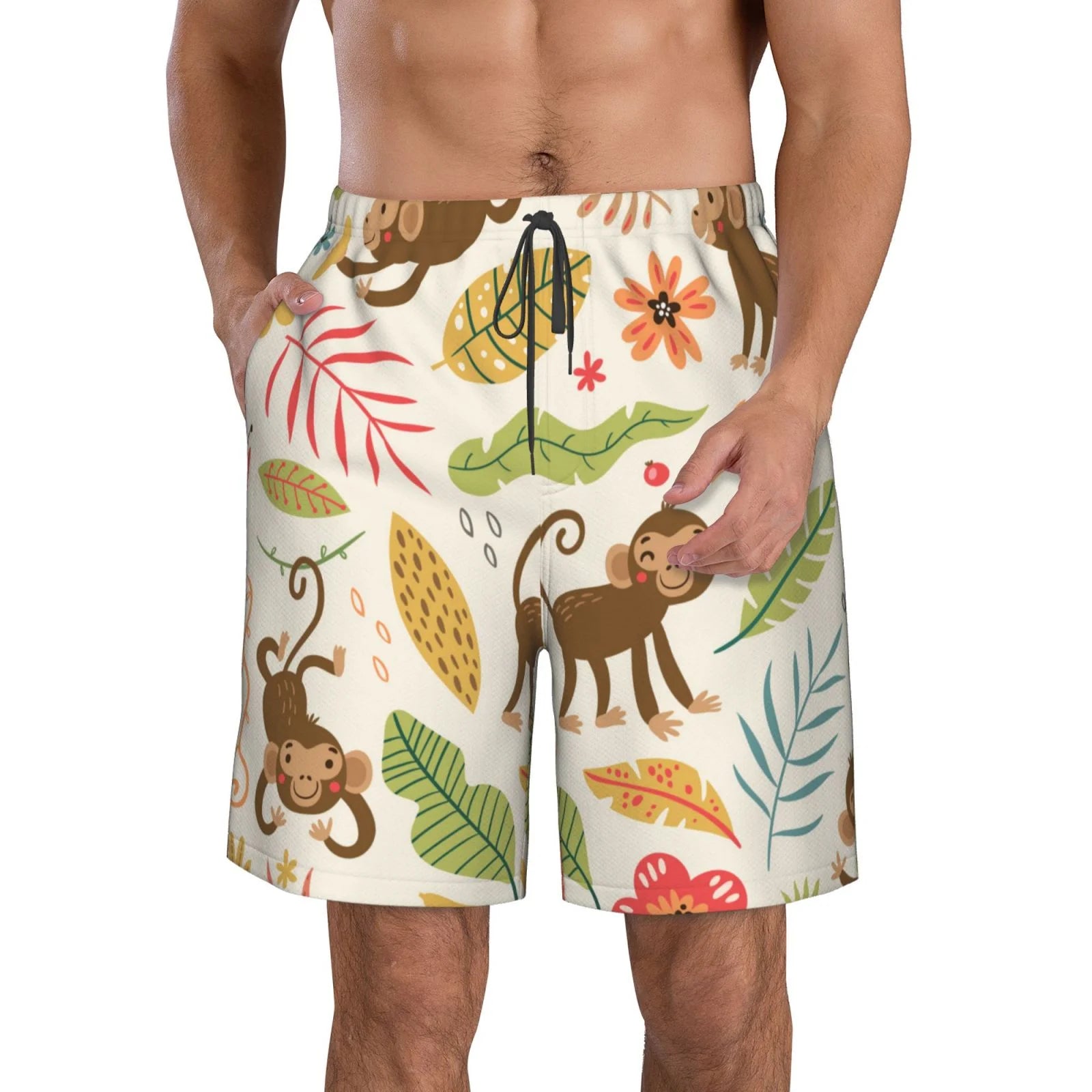 Kll Monkeys In The Jungle Men'S Casual Summer Beach Shorts Hawaiian Shorts With Pockets-Small