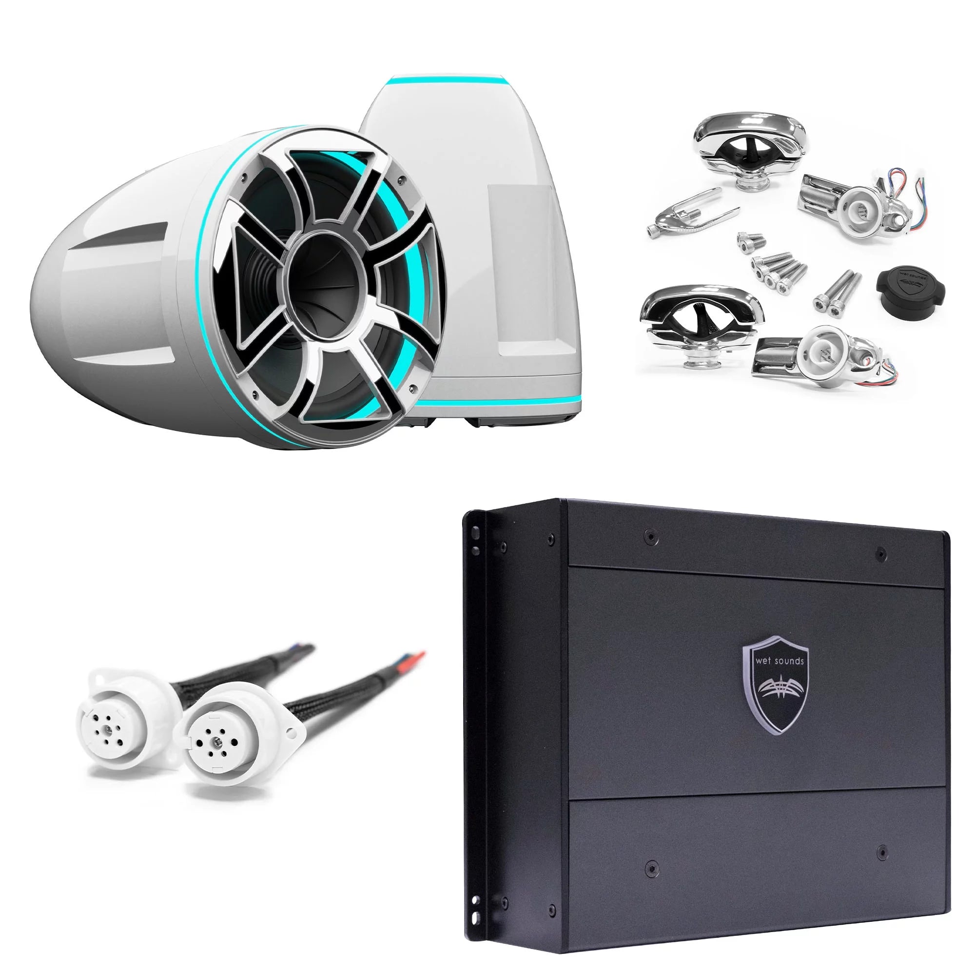 Wet Sounds Package - REV12-HD-W-XS-SC 12 White XS Grill Swivel Clamp Tower System with Wet Sounds SYN-DX4 800 Watt RMS 4 Channel Amplifier