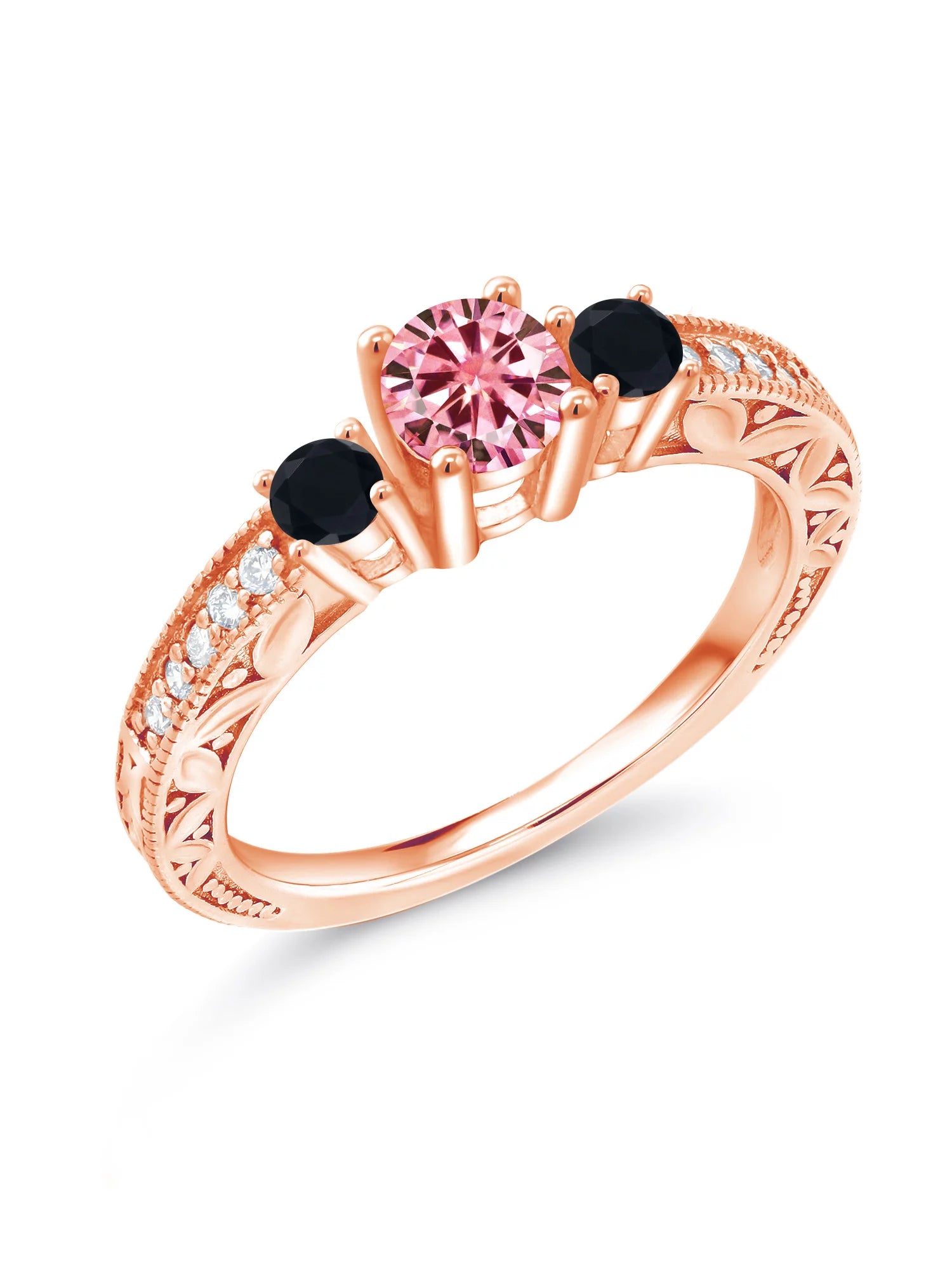 Gem Stone King 18K Rose Gold Plated Silver Ring Round Pink Moissanite Onyx (0.83 Cttw)