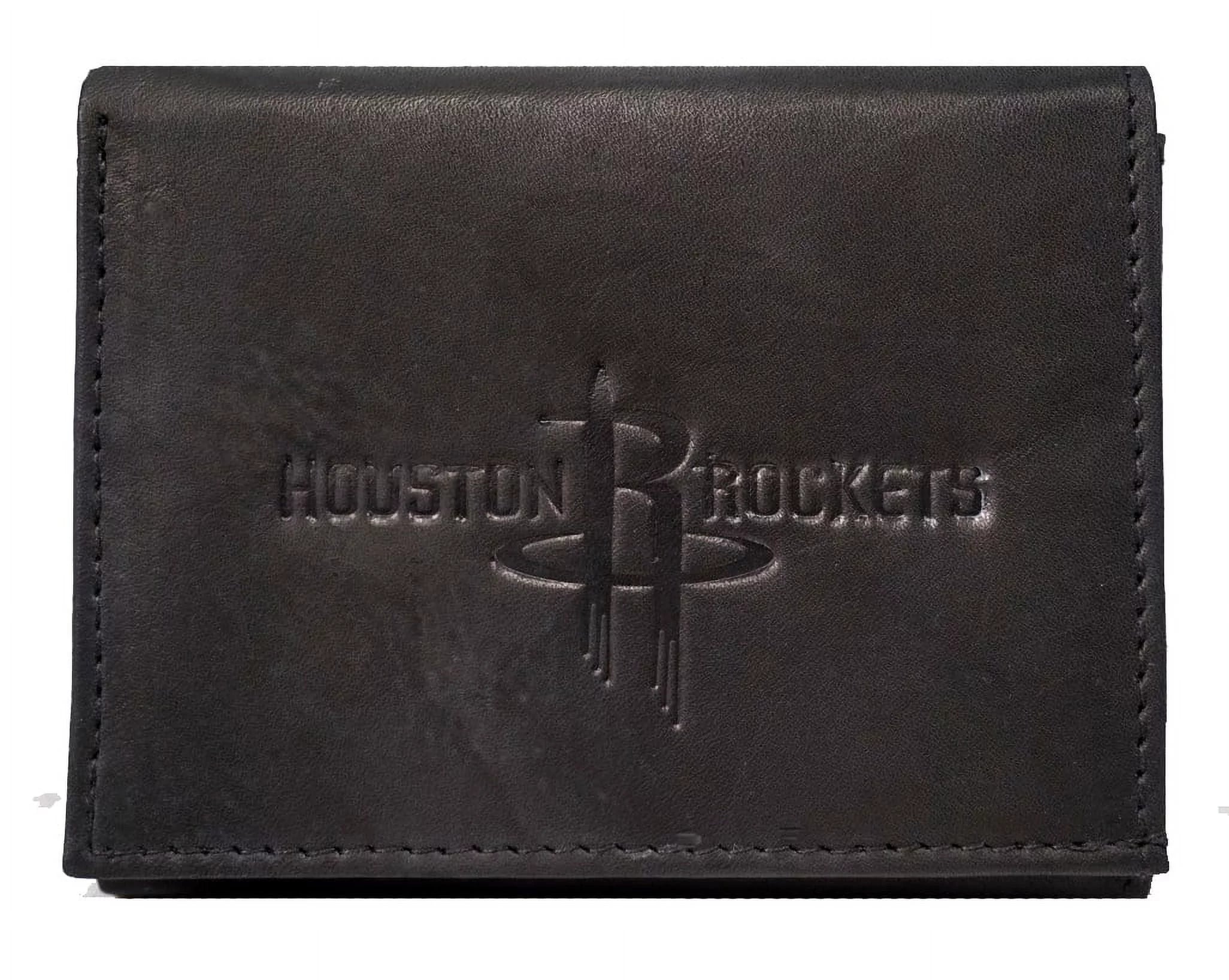 Houston Basketball Rockets Embossed Trifold Wallet - Black Leather - with Worn Distressed Look