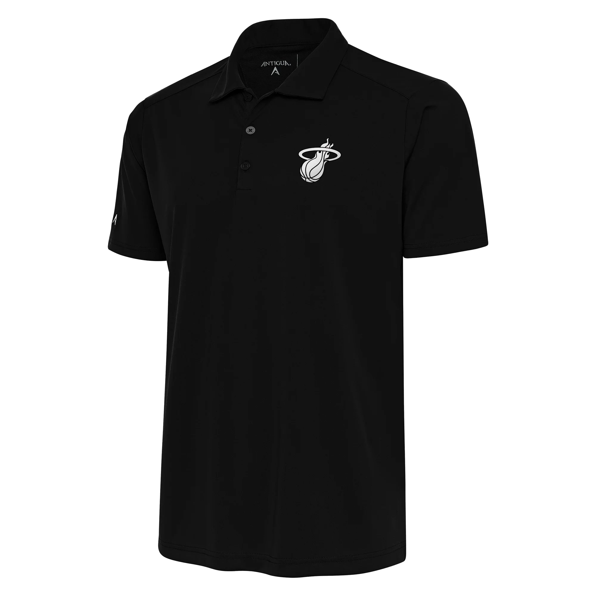 Men's Antigua Black Miami Heat Metallic Logo Tribute Desert Dry Polo