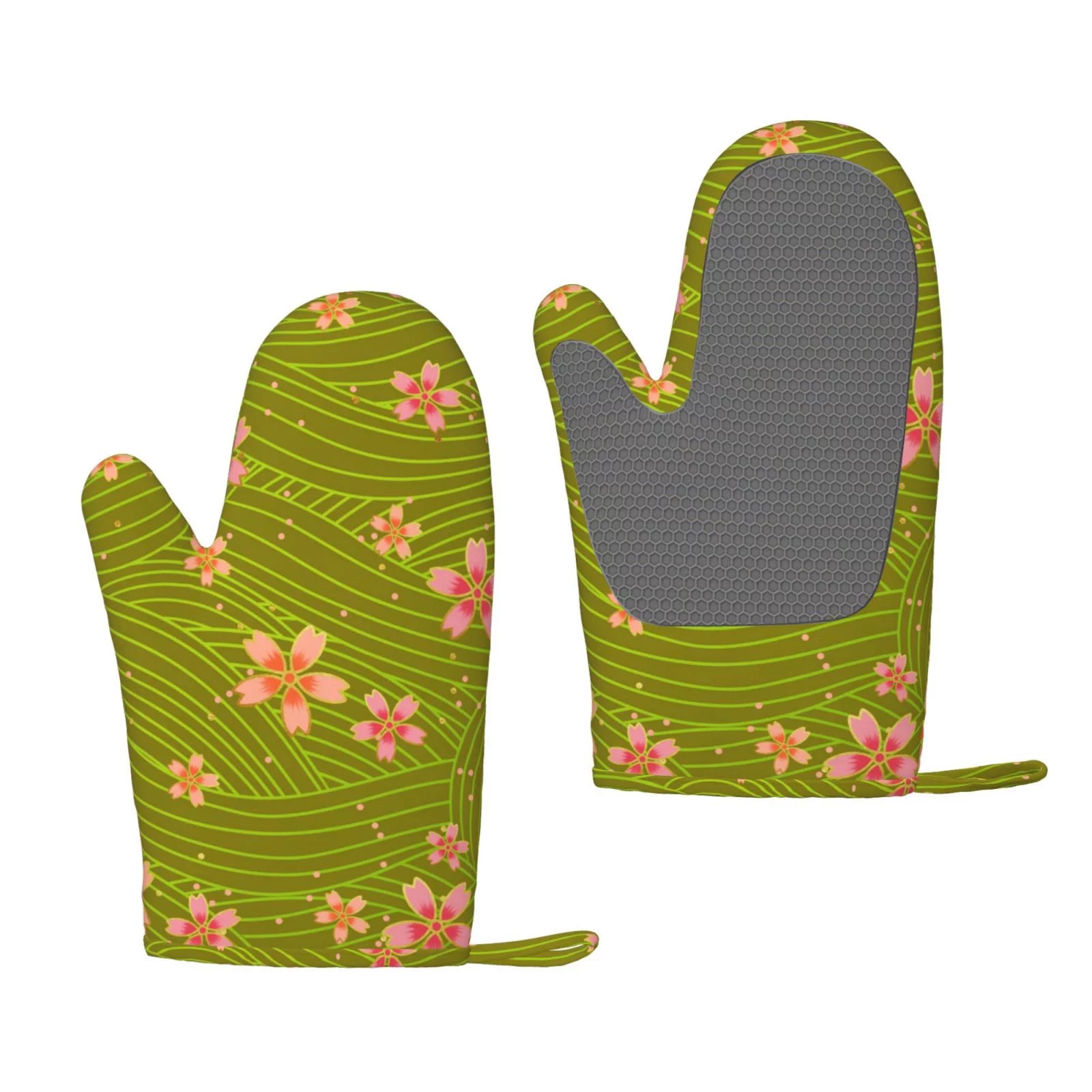 ZNDUO Kitchen Oven Gloves, Durable Heat Resistant Oven Gloves with Quilted Liner Non-Slip Textured Grip Perfect for BBQ, Baking, Cooking and Grilling, Green Line Floral