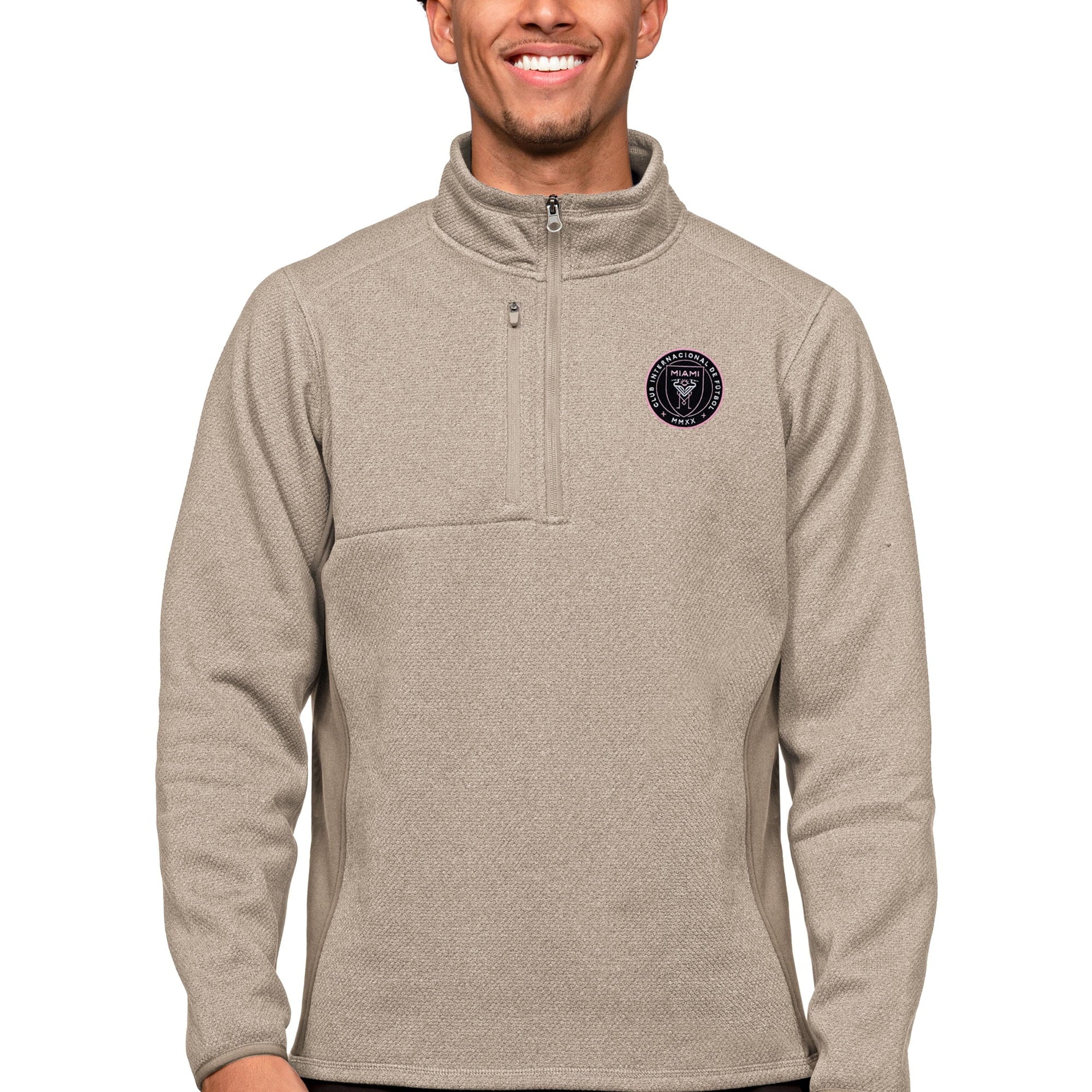 Men's Antigua Oatmeal Inter Miami CF Primary Team Logo Course Quarter-Zip Pullover Top