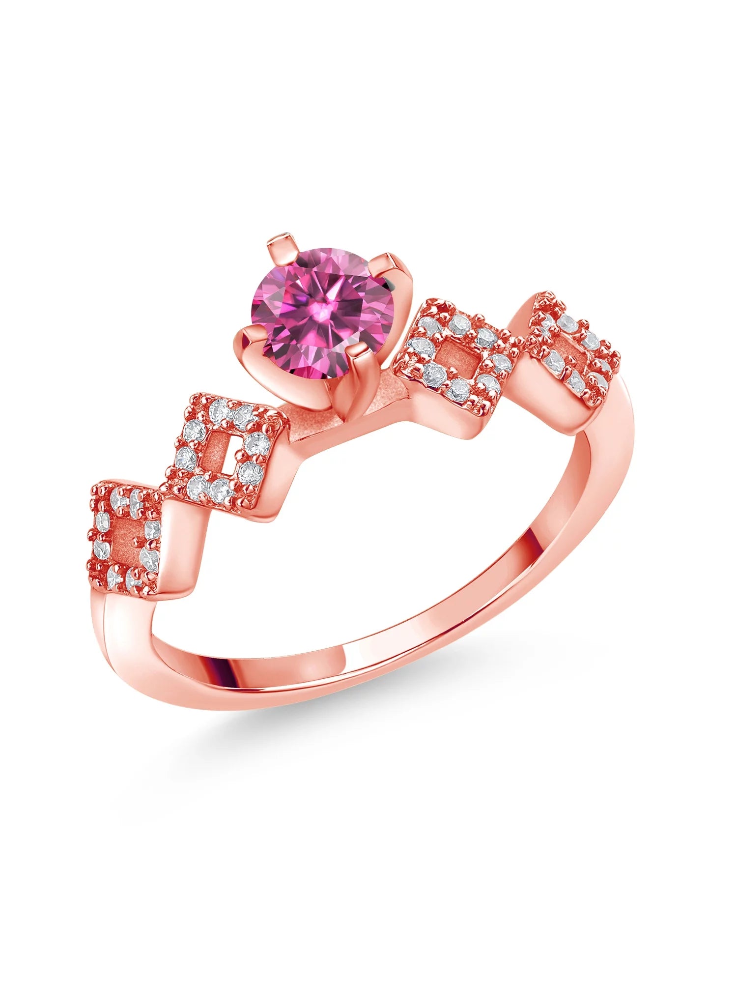 Gem Stone King 18K Rose Gold Plated Silver Ring Round Pink Moissanite (0.88 Cttw)