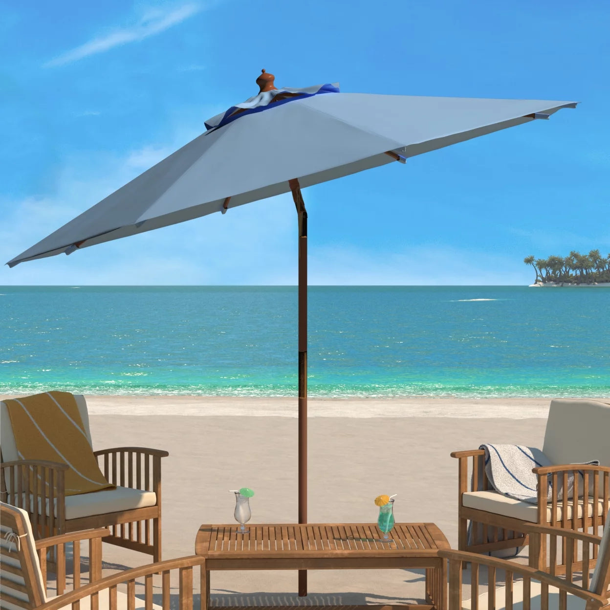 SAFAVIEH Cannes 9' Market Push Wooden Patio Umbrella, Baby Blue