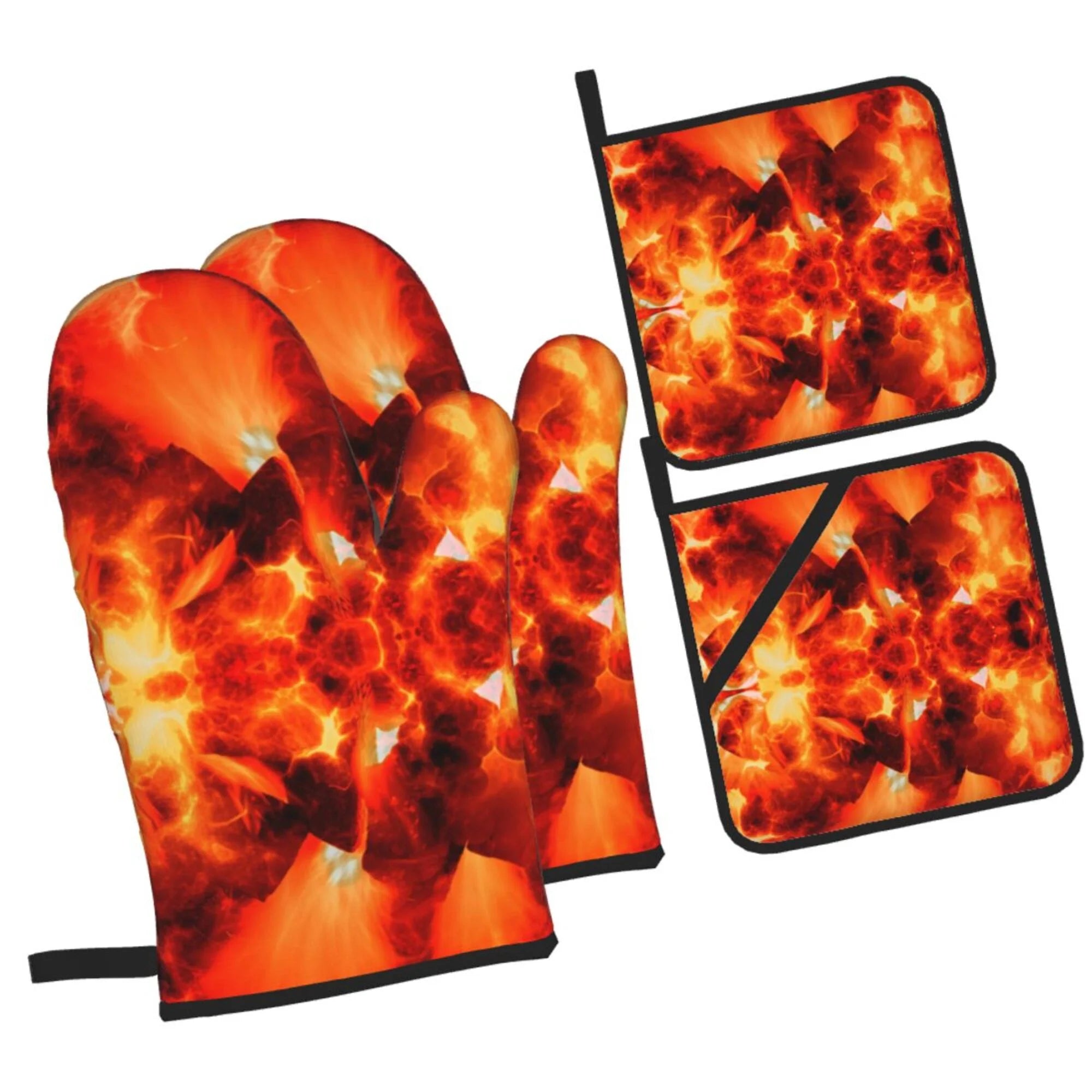 Fire Flame Oven Mitts and Pot Holders Sets Baking Sets for Kitchen Bbq Gloves Heat Resistant Cooking Heat Hot Log 4 Pieces