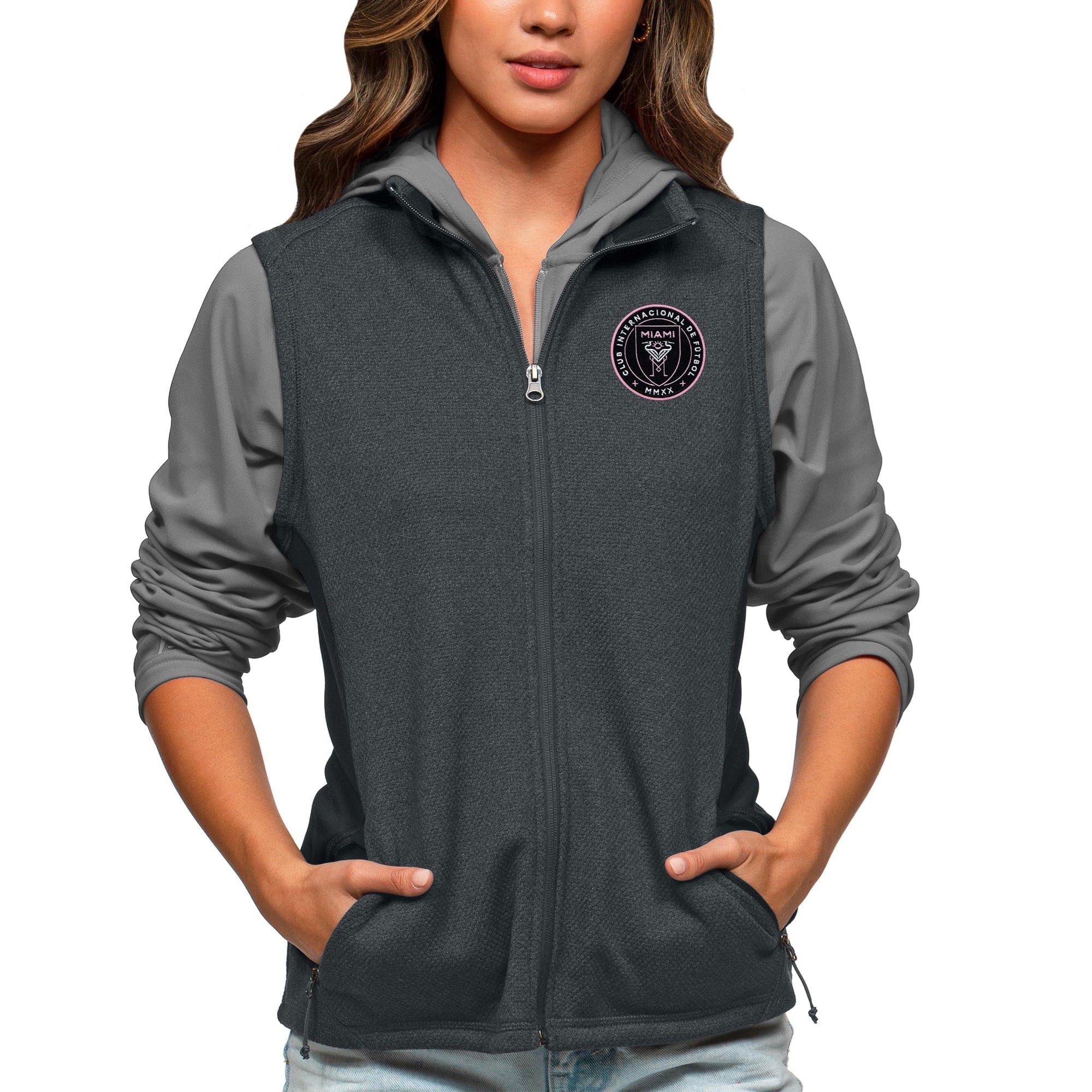 Women's Antigua Heather Charcoal Inter Miami CF Team Logo Course Full-Zip Vest