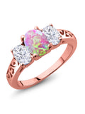 Gem Stone King 18K Rose Gold Plated Silver Pink Opal and White Moissanite Filigree Style 3 Stone Ring for Women (2.05 Cttw, Oval 8X6MM and 6X4MM, Available in Size 5, 6, 7, 8, 9)