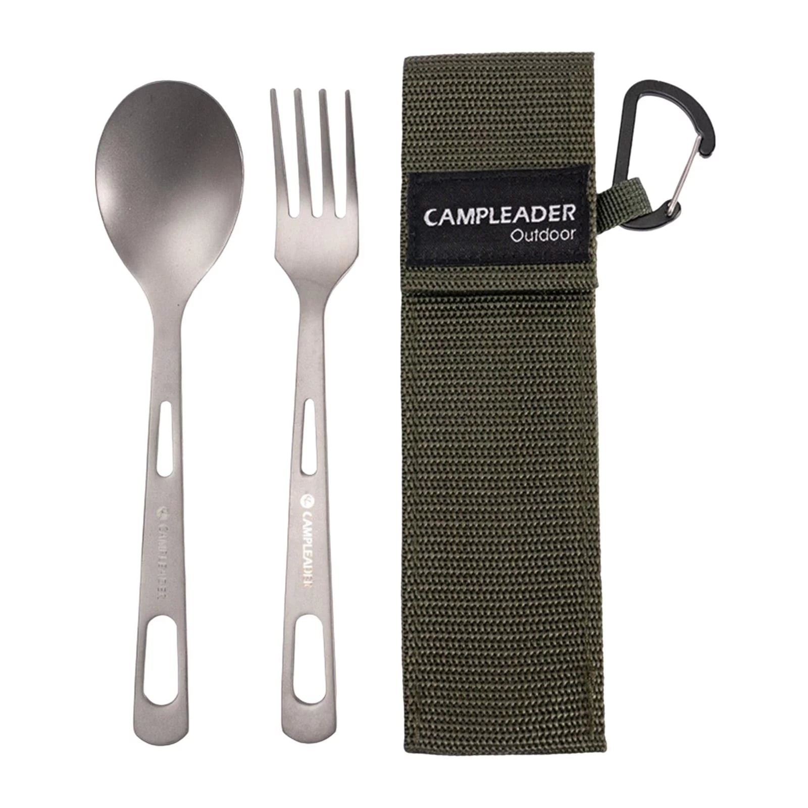 Portable Camping Tableware Long Handle Comes with Bag & Carabiner Camping Utensils Metal Camping Cutlery for Backpacking Travel Tableware Fork Spoon Green Bag