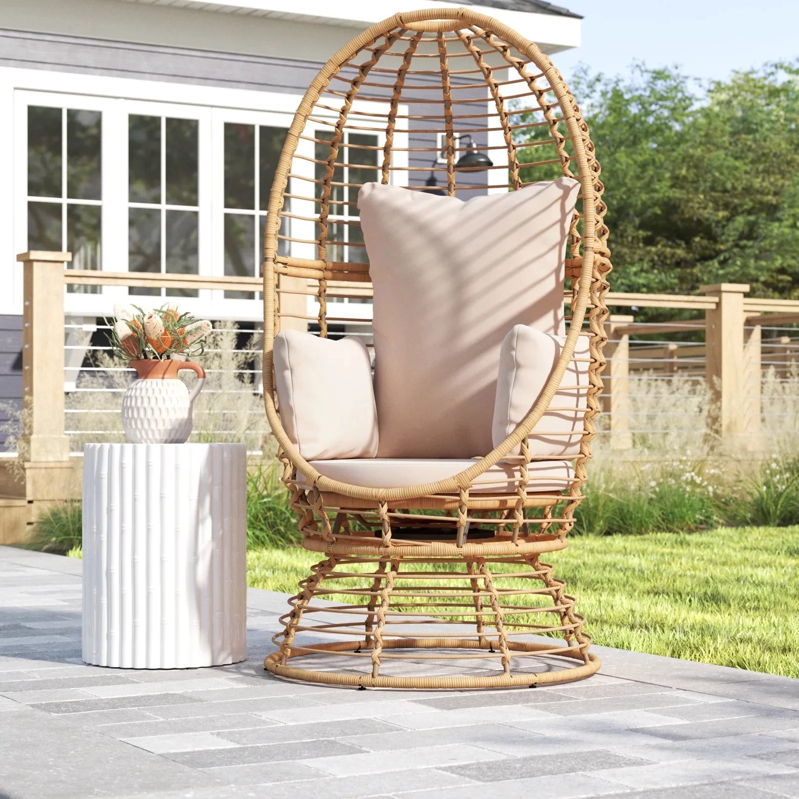 Barton Swivel Egg Chair Wicker Seat with Water-Resistant Cushion, Beige