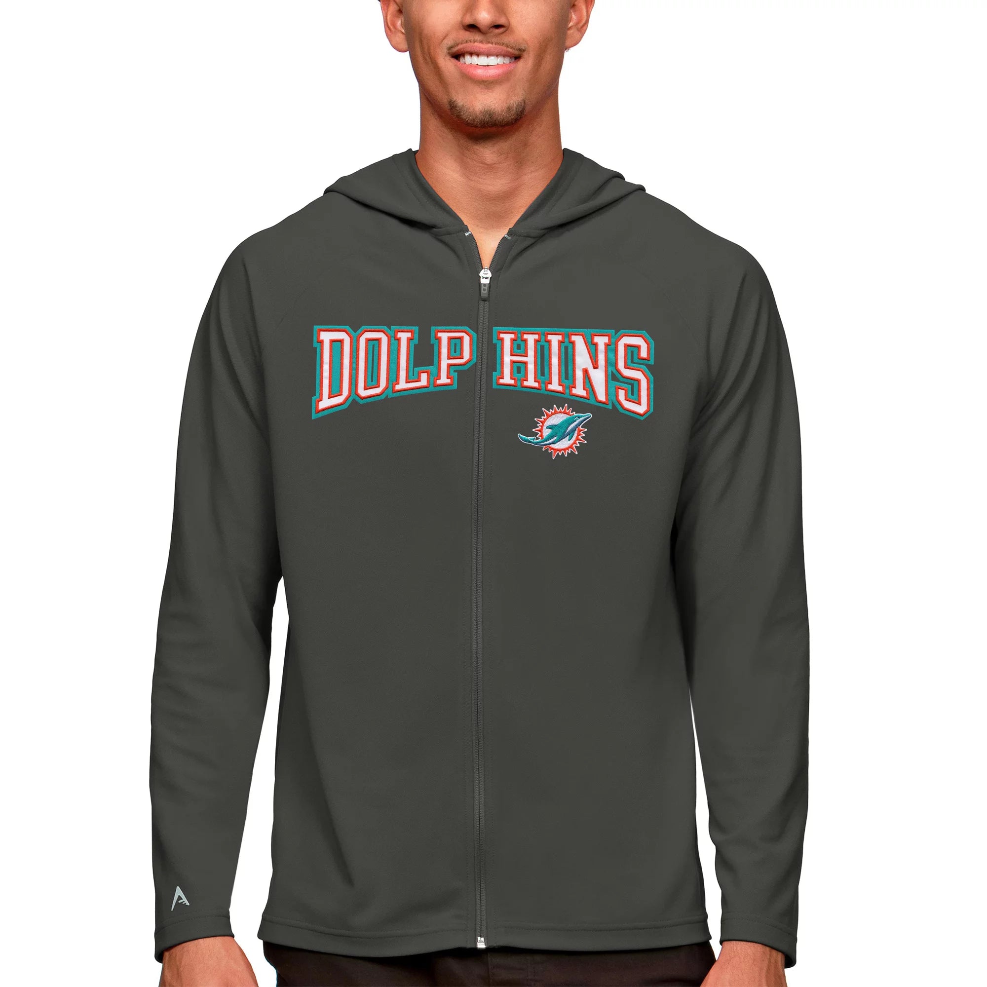 Men's Antigua Charcoal Miami Dolphins Legacy Full-Zip Hoodie