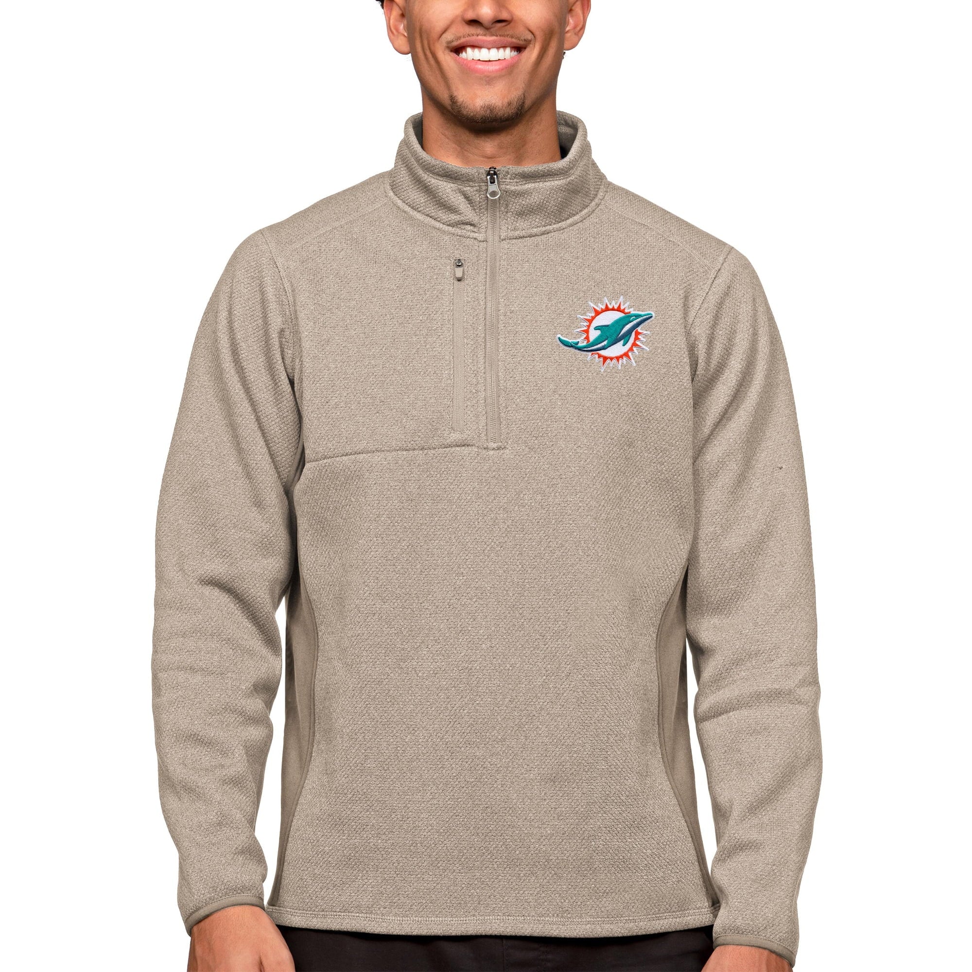 Men's Antigua Oatmeal Miami Dolphins Course Quarter-Zip Pullover Top