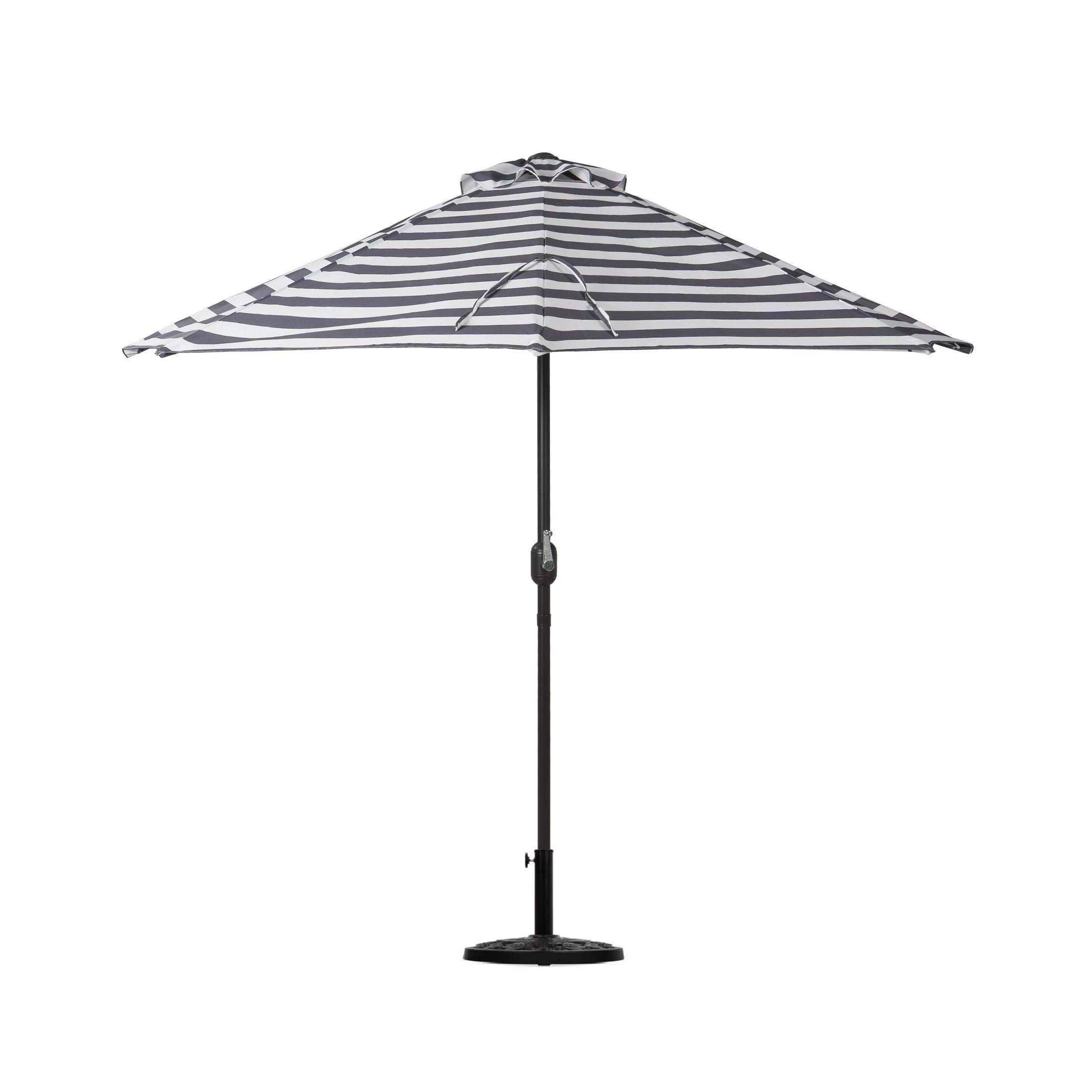 BAYSHORE 9 Ft Half Umbrella with Resin Concrete Base Included for Oudoor Patio, Gray/White Stripe