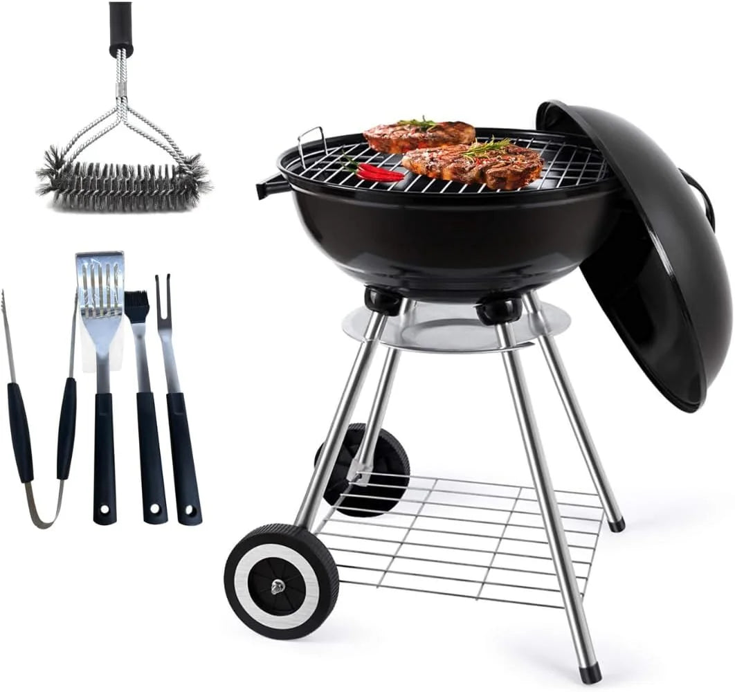 18 Inch Portable Charcoal Grill With Accessories For Outdoor Cooking Barbecue Camping BBQ Coal Kettle Grill - Mini Grill With Grilling Utensil Includes Tongs, Spatula,Fork,Basting Brush, Scraper