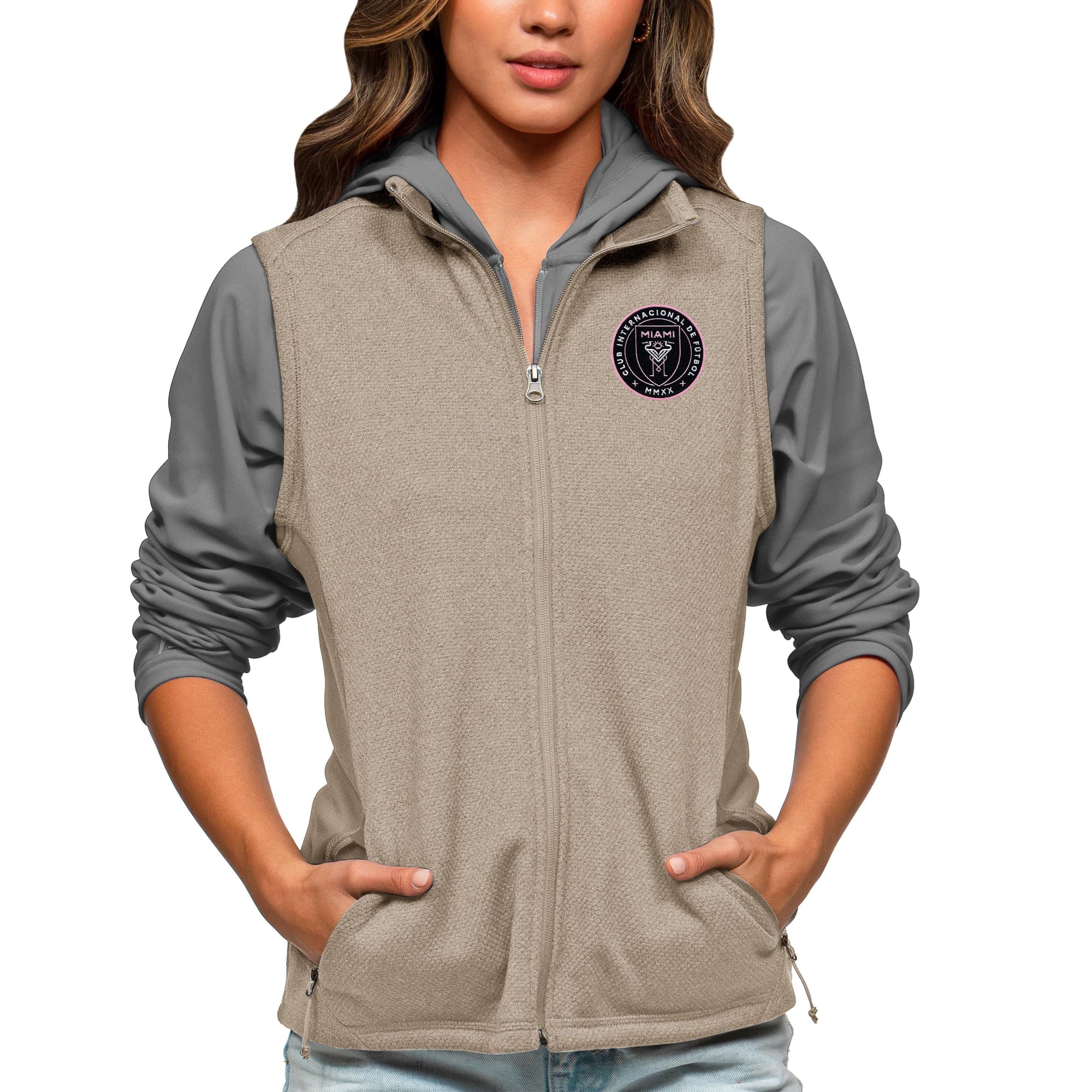 Women's Antigua Oatmeal Inter Miami CF Team Logo Course Full-Zip Vest