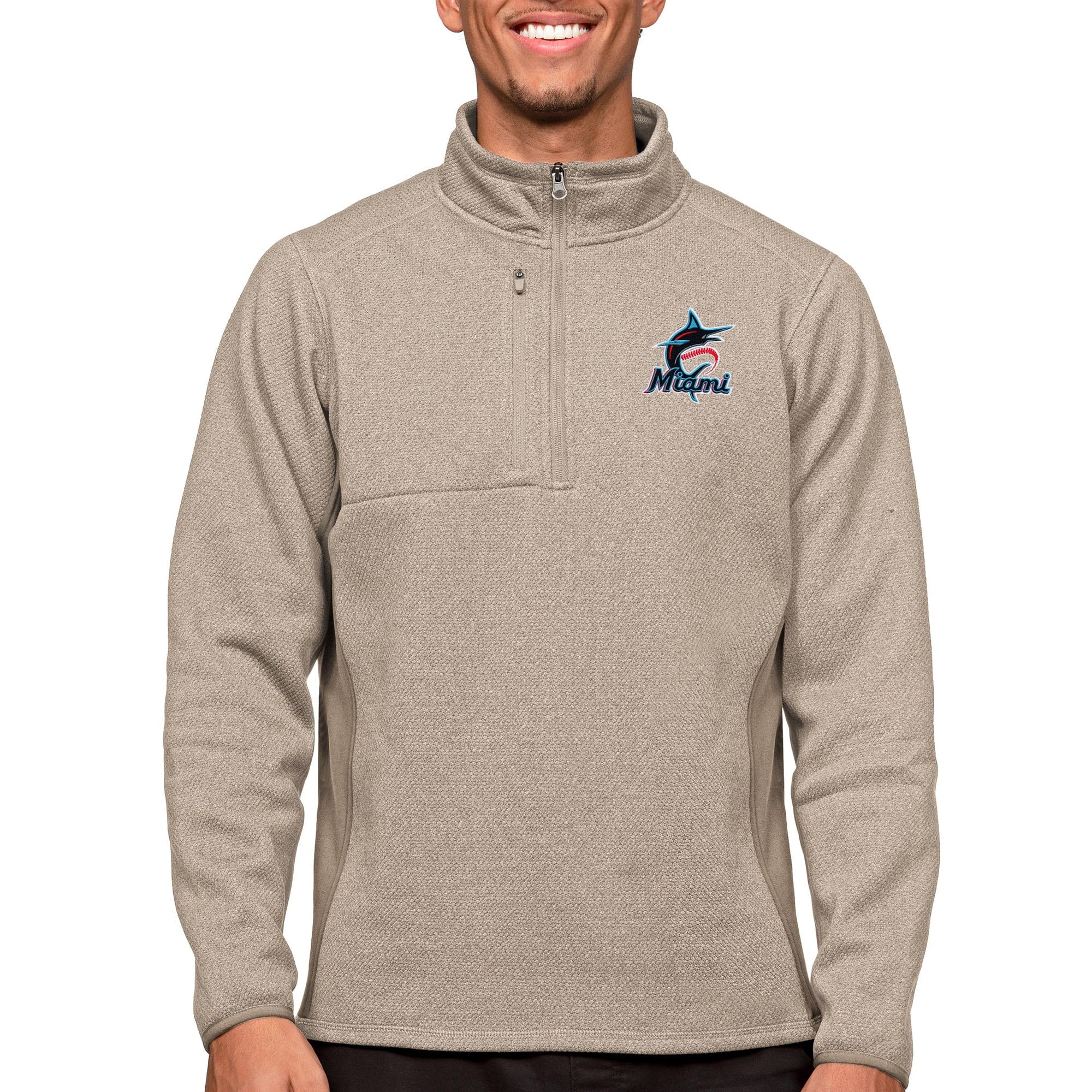 Men's Antigua Oatmeal Miami Marlins Course Quarter-Zip Pullover Top