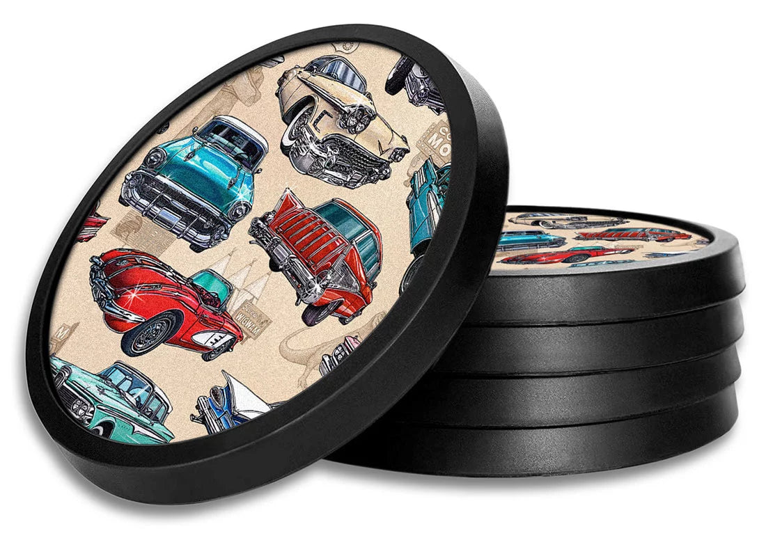 Silicone Non-Slip Drink Coasters with Removable Printed Absorbent Felt Pad - Set of 4 - 50's Hot Rods - Image by Dan Morris