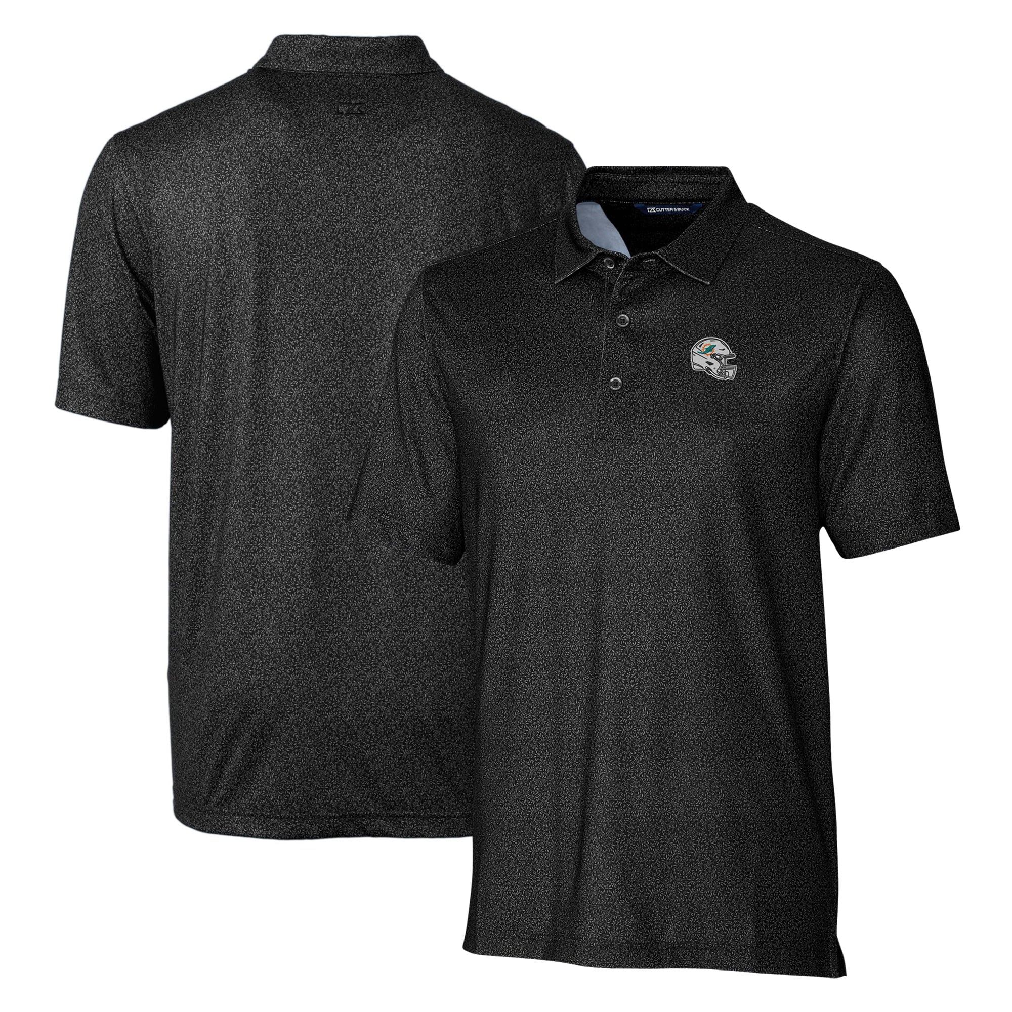 Men's Cutter & Buck  Black Miami Dolphins Helmet Micro Floral Print Stretch Polo