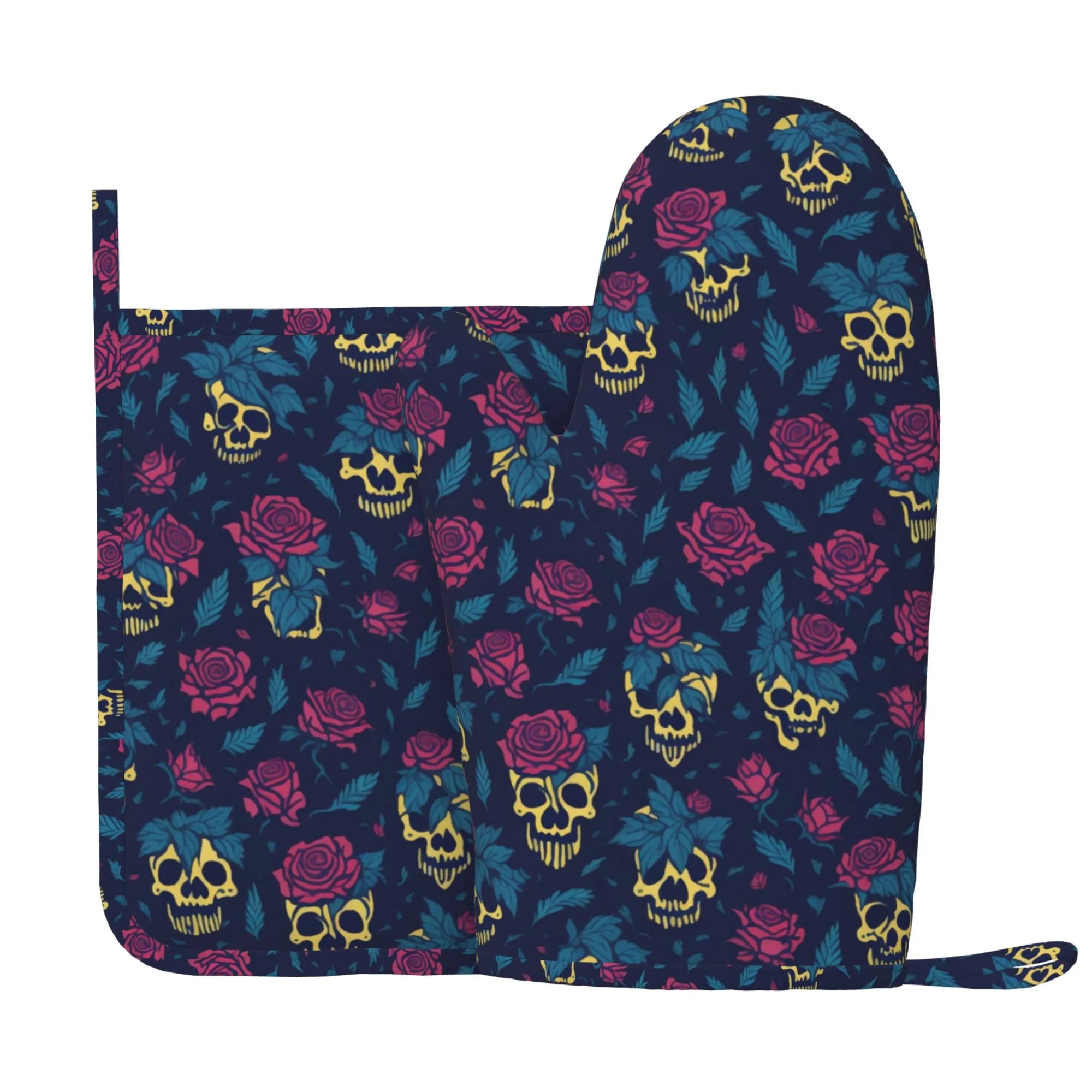 XMXY Oven Mitts and Pot Holders 2 Pcs Sets, Cartoon Skulls Roses Blue Heat Resistant Silicone Cooking Gloves for Grill Baking BBQ Kitchen Decor