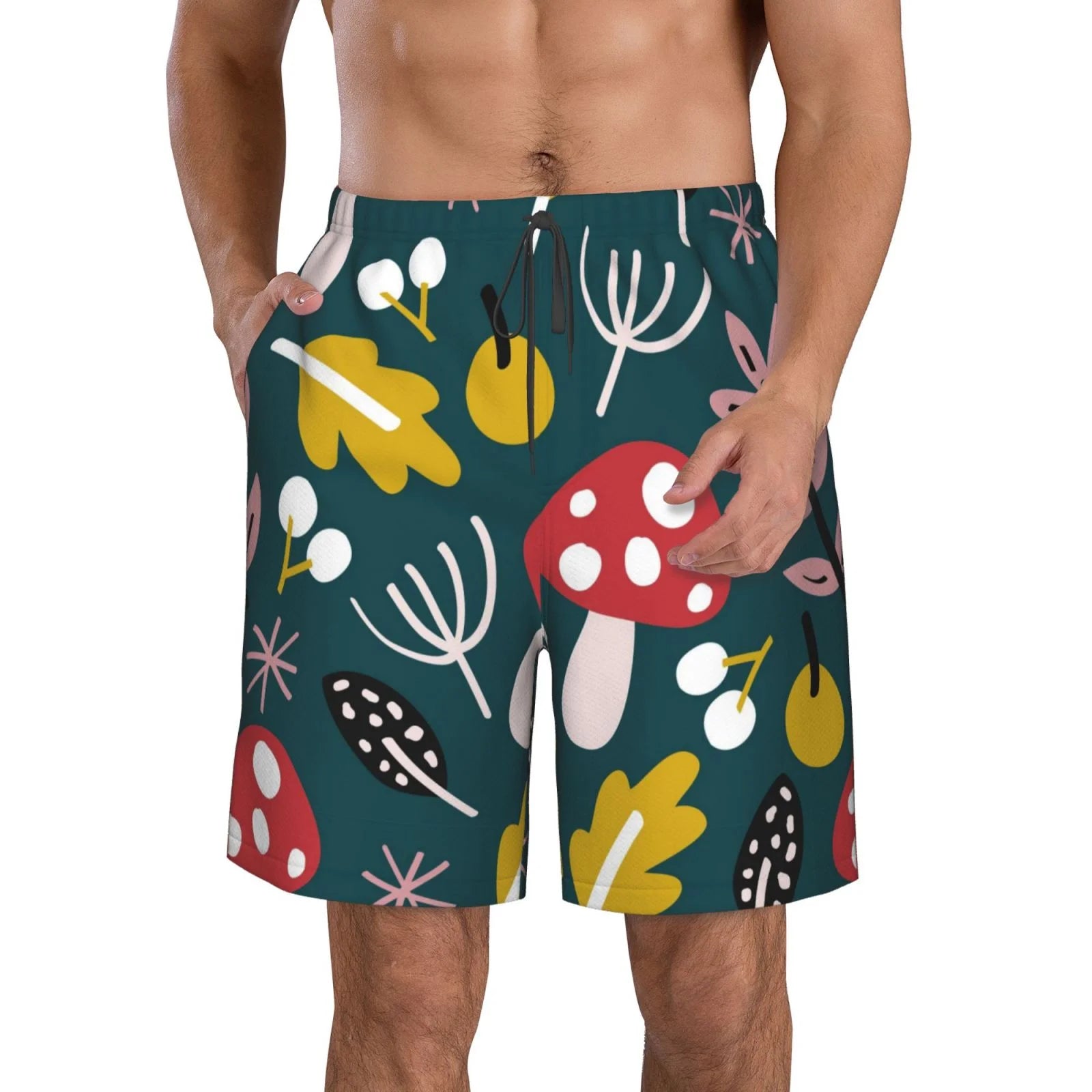 Kll Cartoon Leaf Mushroom Red Men'S Casual Summer Beach Shorts Hawaiian Shorts With Pockets-Small