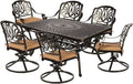 MEETWARM 7-Piece Outdoor Patio Dining Set, All-Weather Cast Aluminum Patio Conversation Set for Backyard Garden Deck with 6 Cushioned Swivel Rocker Chairs, 1 Rectangular Table, 2 Umbrella Hole
