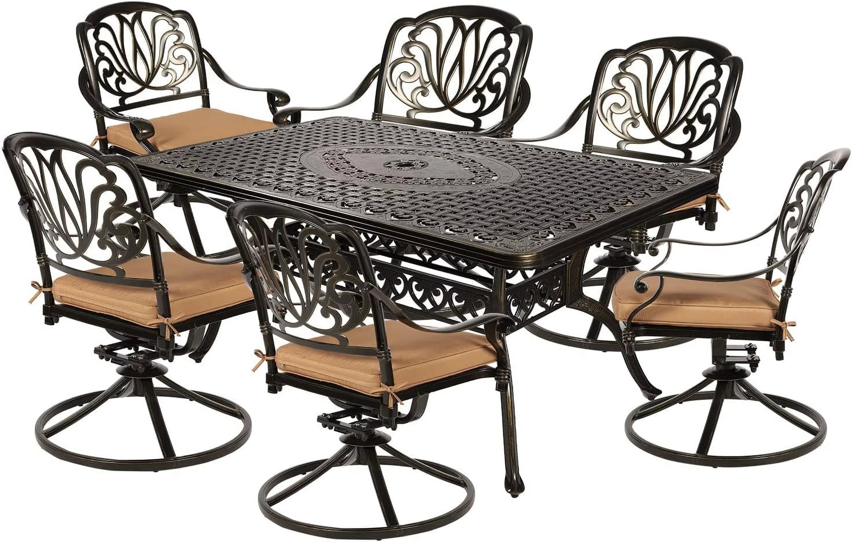MEETWARM 7-Piece Outdoor Patio Dining Set, All-Weather Cast Aluminum Patio Conversation Set for Backyard Garden Deck with 6 Cushioned Swivel Rocker Chairs, 1 Rectangular Table, 2 Umbrella Hole