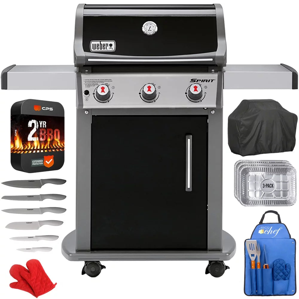 Weber 46510001 Spirit E-310 Gas Grill, Liquid Propane Bundle with 2 YR CPS Enhanced Protection Pack, Grill Cover, Aluminum Drip Pans (Set of 3), 12pc Knife Set, 3pc BBQ Tool Set and Pair of Oven Mitt