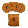 Rico Industries Basketball Houston Rockets Brown Faux Leather Laser Engraved 4-Pack Coaster Set with Pouch - Great Beverage Accessory for Game Day
