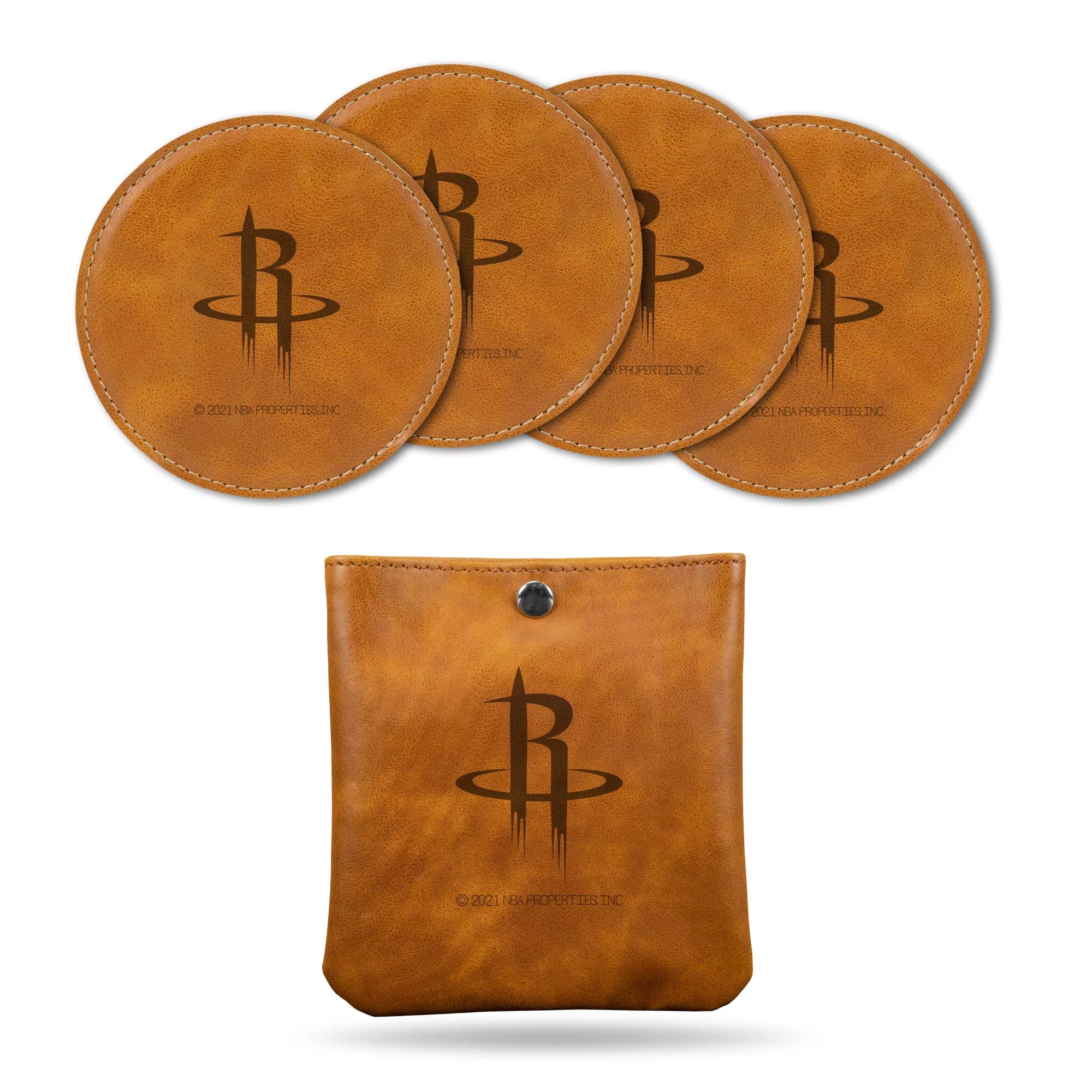 Rico Industries Basketball Houston Rockets Brown Faux Leather Laser Engraved 4-Pack Coaster Set with Pouch - Great Beverage Accessory for Game Day