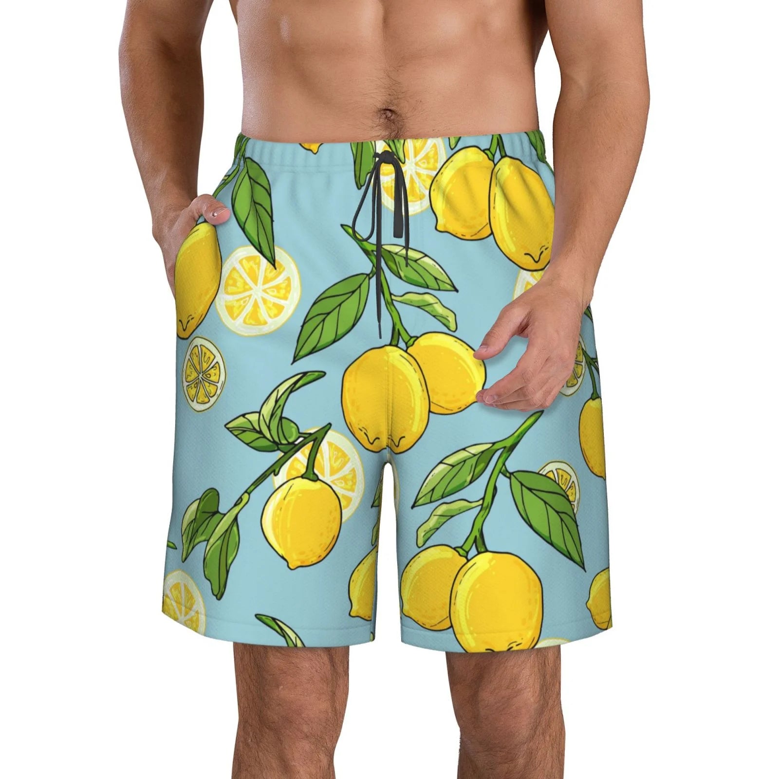 Kll Lemon Men'S Casual Summer Beach Shorts Hawaiian Shorts With Pockets-Small
