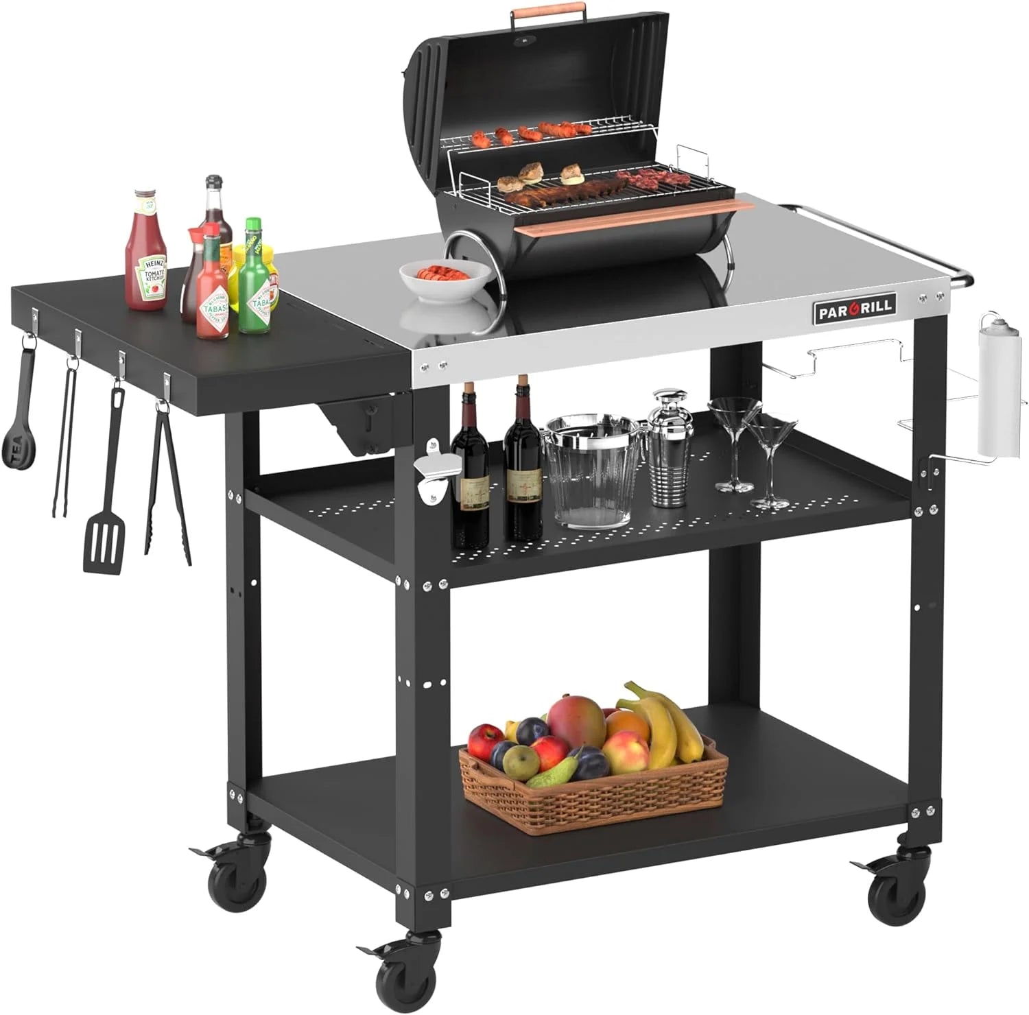 46.6 L x 20 W Three-Shelf Outdoor Grill Table, 4 Swivel Casters with Brake, Movable Outdoor Prep Table with Foldable Side Table, Stainless Steel Pizza Oven Table, BBQ Grilling Table