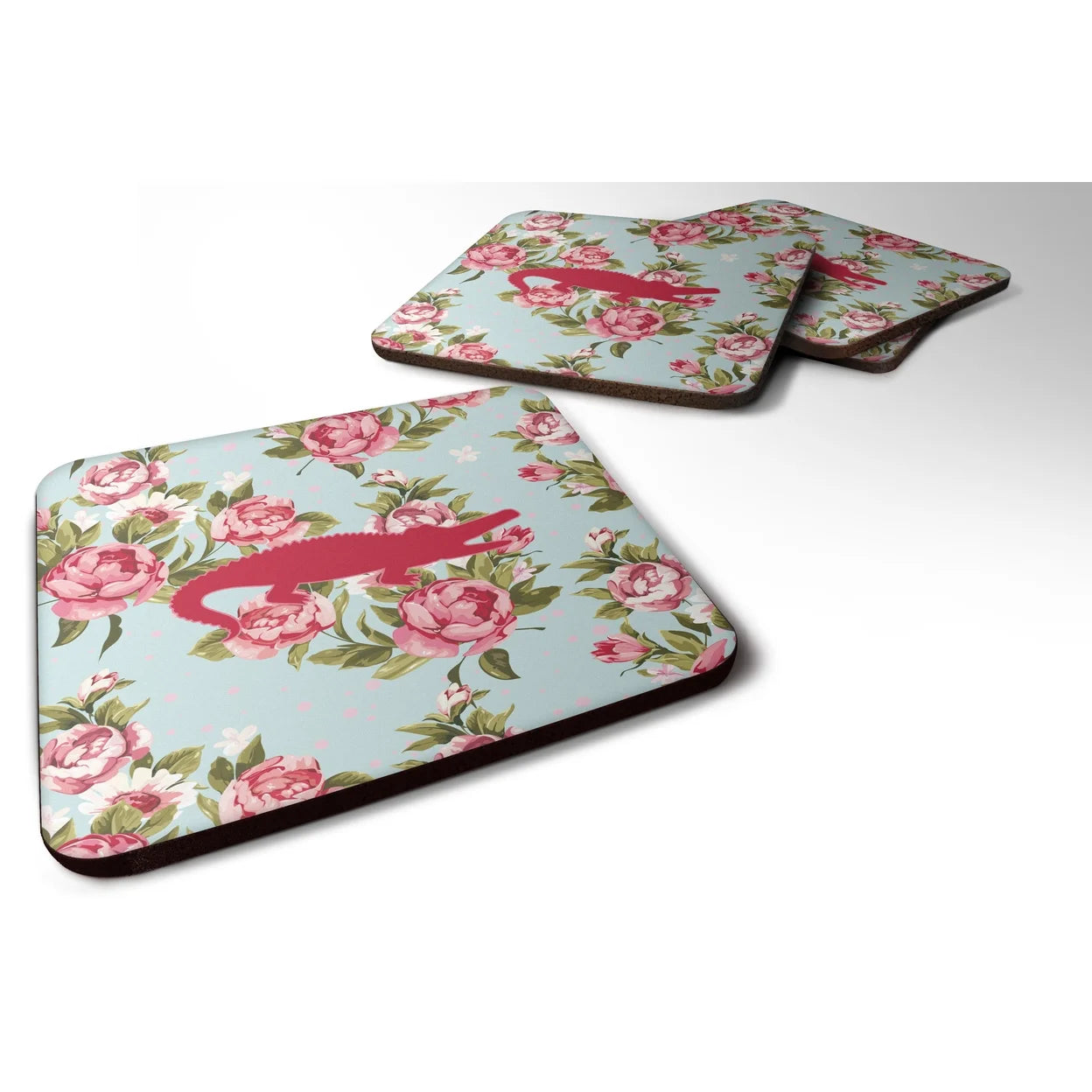 Alligator Shabby Chic Blue Roses BB1120 Foam Coaster Set of 4 Blue