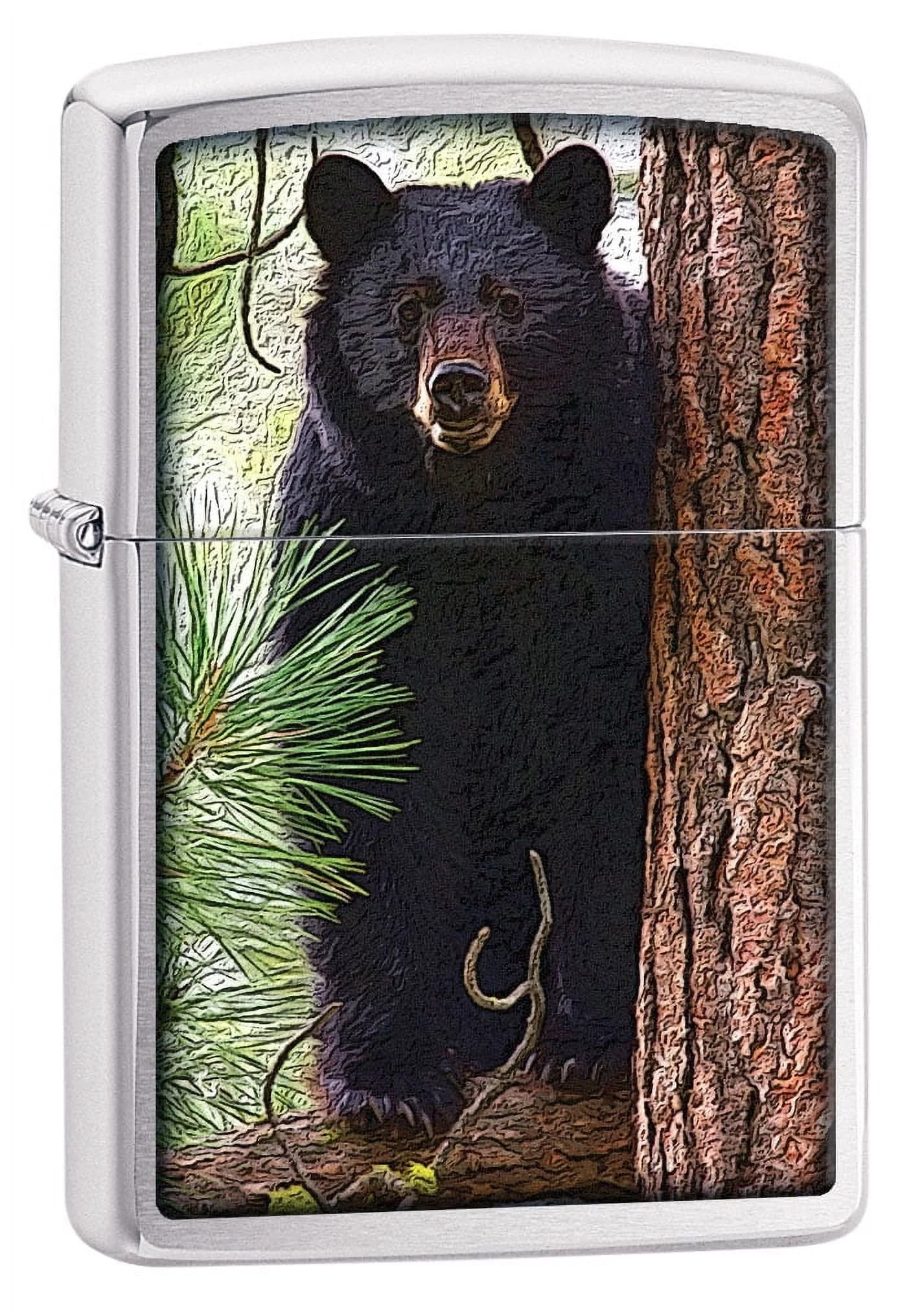 Zippo Lighter: Black Bear in the Woods - Brushed Chrome 80703