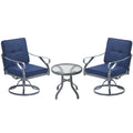 Outsunny 3 Pieces Outdoor Swivel Bistro Set, 2 Rocker Chairs and 1 Round Tempered Glass Table with Cushion, Yard, Lawn, Porch and Garden Furniture, Blue