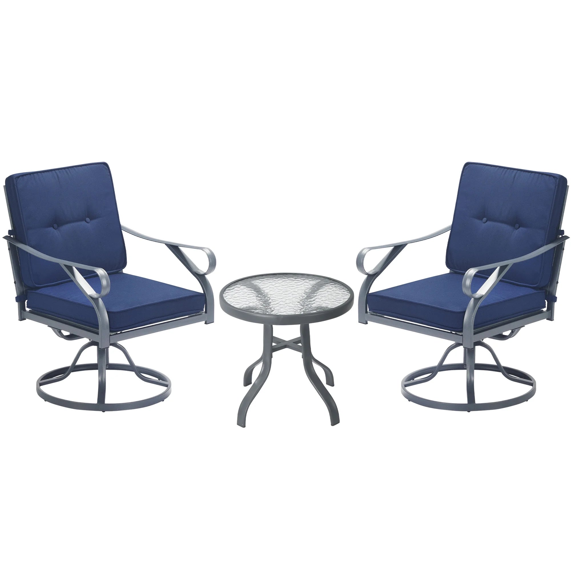 Outsunny 3 Pieces Outdoor Swivel Bistro Set, 2 Rocker Chairs and 1 Round Tempered Glass Table with Cushion, Yard, Lawn, Porch and Garden Furniture, Blue