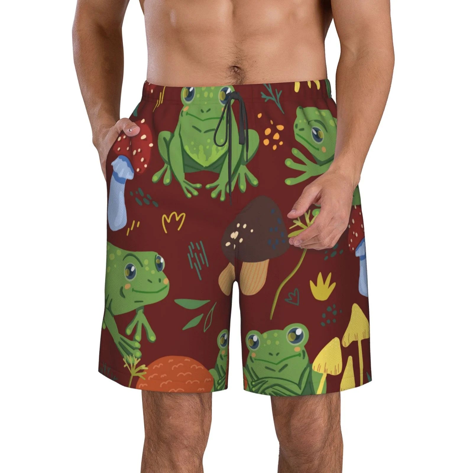 Kll Frogs And Mushrooms Men'S Casual Summer Beach Shorts Hawaiian Shorts With Pockets-Small