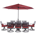 Hanover Montclair 9-Piece Dining Set in Chili Red with 8 Swivel Rockers, 42-In. x 84-In. Table, 11 Ft. Umbrella and Umbrella Stand