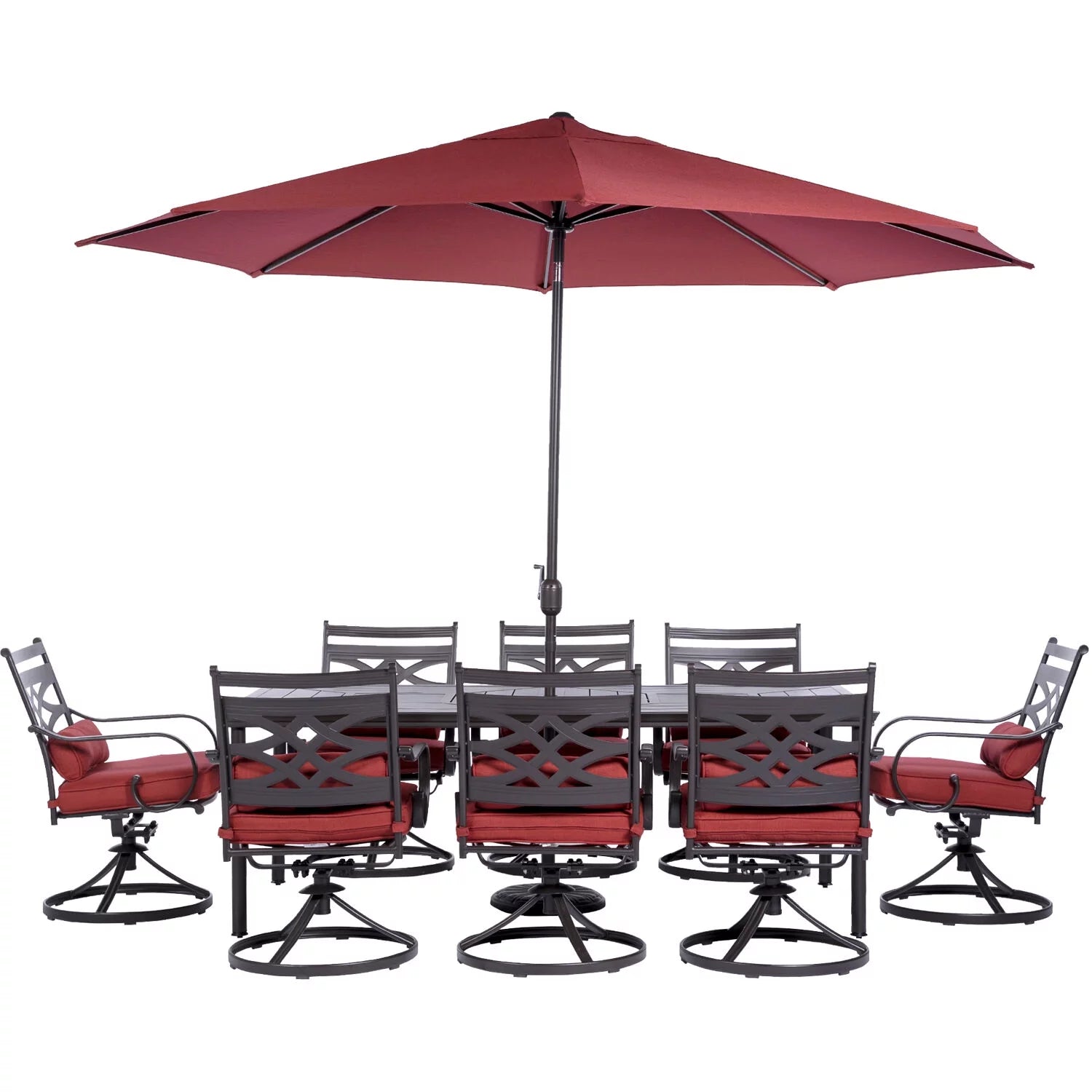 Hanover Montclair 9-Piece Dining Set in Chili Red with 8 Swivel Rockers, 42-In. x 84-In. Table, 11 Ft. Umbrella and Umbrella Stand