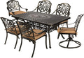 MEETWARM 7-Piece Outdoor Patio Dining Set, All-Weather Cast Aluminum Patio Conversation Set with 2 Swivel Rocker Chairs, 4 Stationary, 1 Rectangular Table, 6 Cushions, 2 Umbrella Hole