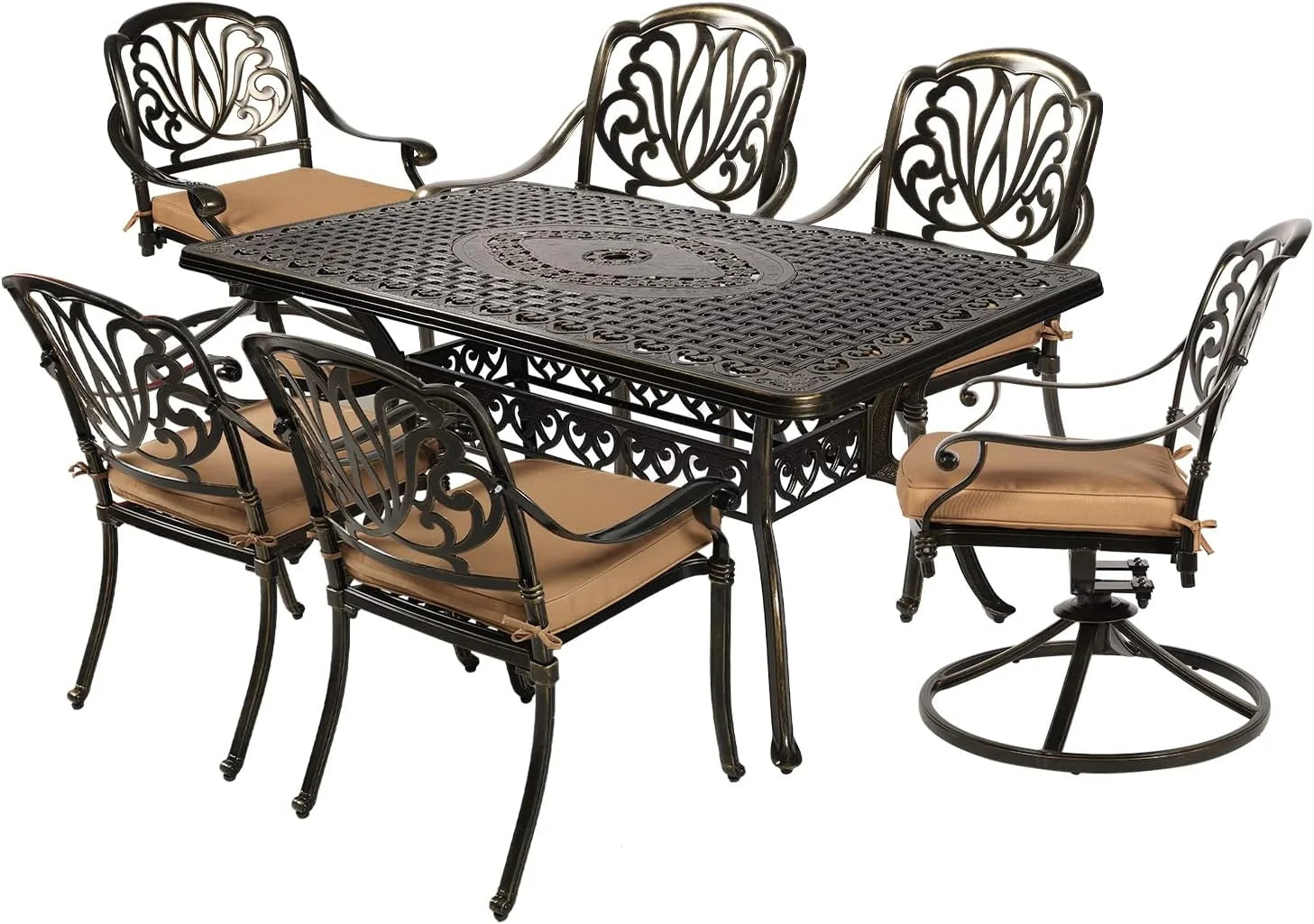MEETWARM 7-Piece Outdoor Patio Dining Set, All-Weather Cast Aluminum Patio Conversation Set with 2 Swivel Rocker Chairs, 4 Stationary, 1 Rectangular Table, 6 Cushions, 2 Umbrella Hole